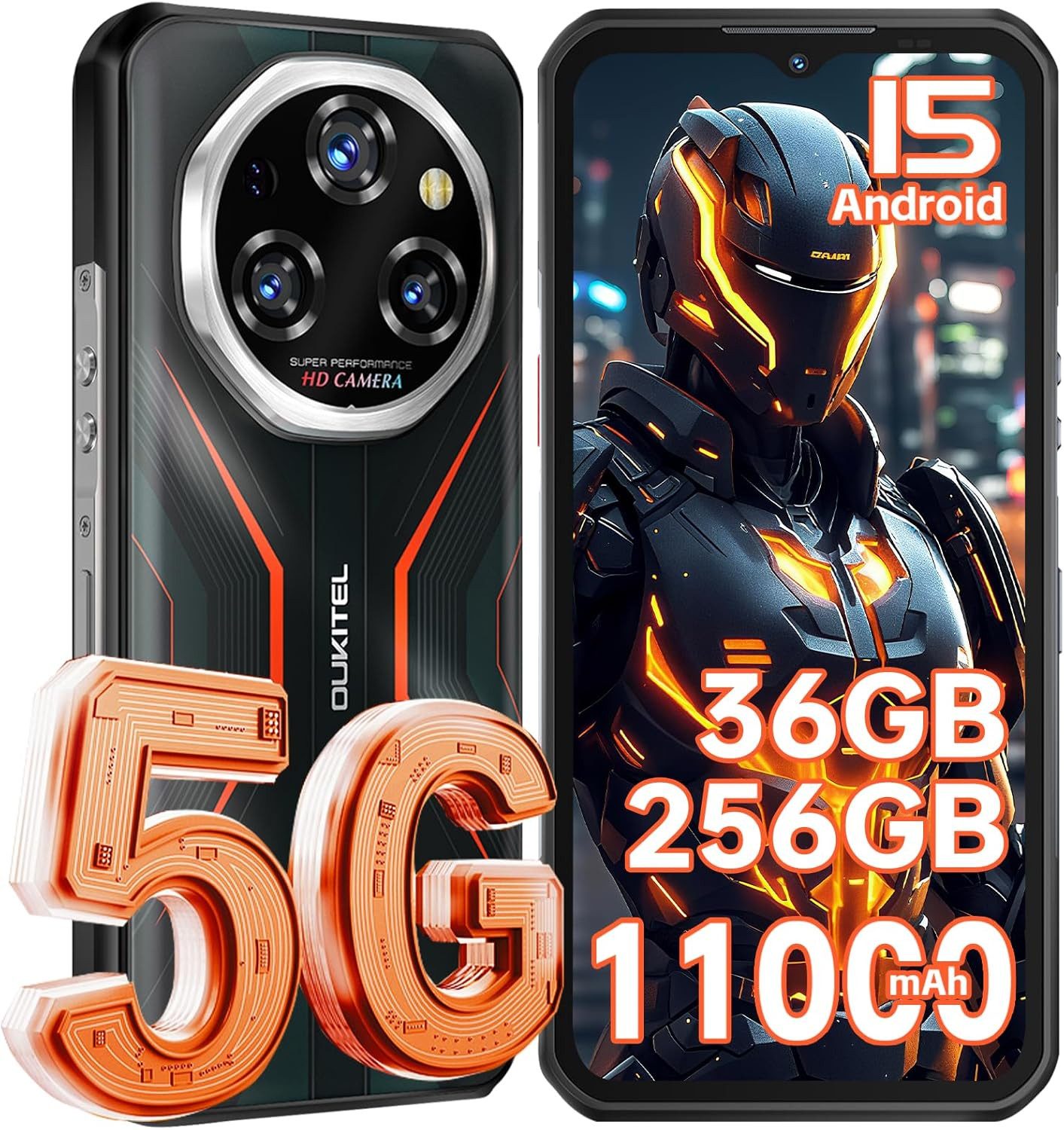 OUKITEL WP55 36+256GB 5G Outdoor Smartphone (16,76 cm/6.6 Zoll, 256 GB Speicherplatz, 108 MP Kamera, 5G, Android 15, 6.6" FHD 120Hz, NFC, OTG, IP68 Wasserdicht)