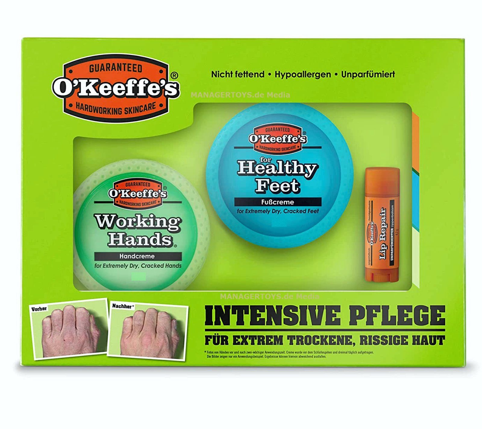O'KEFFE'S Handcreme Pflege 3er Set für trockene rissige Haut Hände Lippen  Füsse Working Hands Healthy Feet Lip Repair