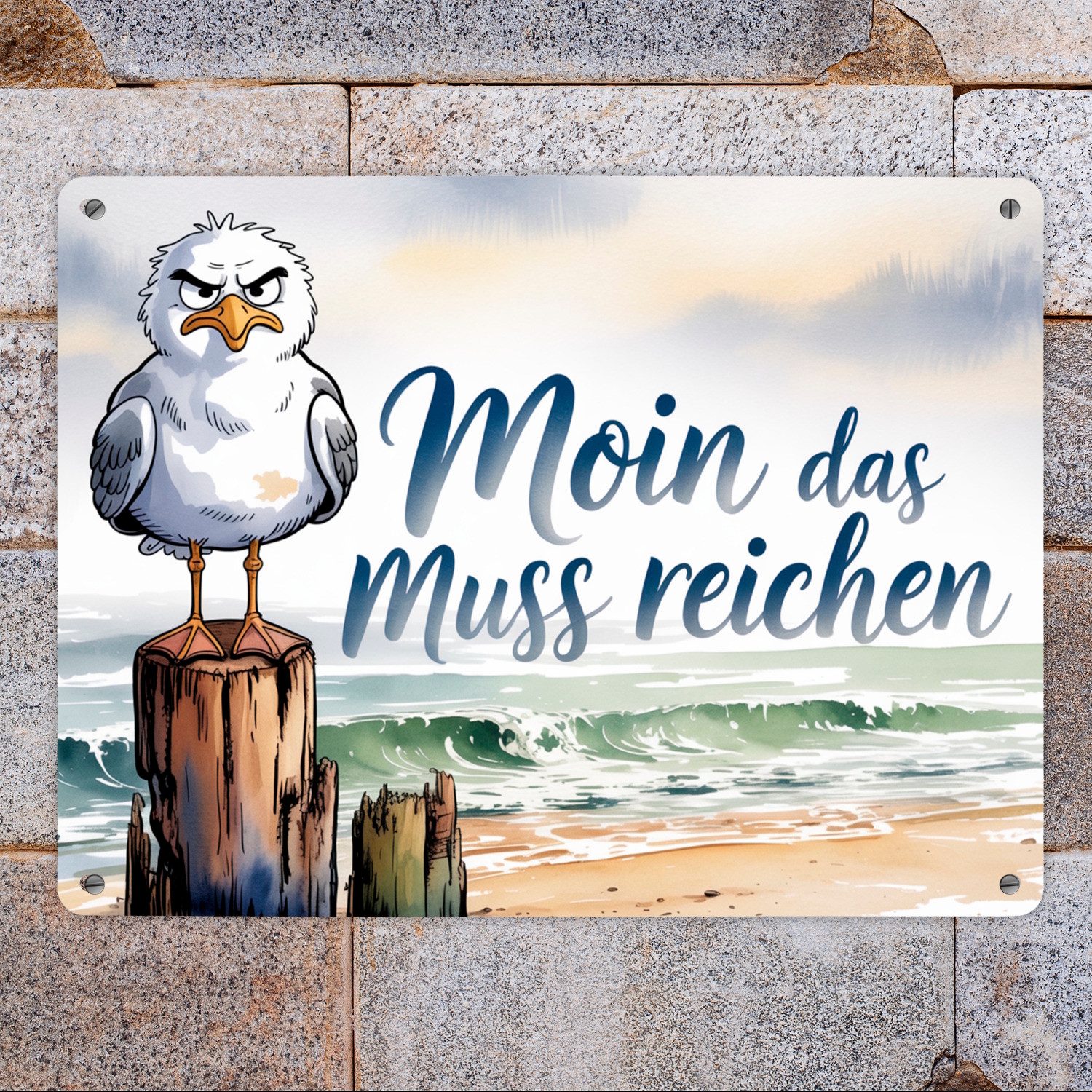speecheese Metallschild Möwe Aquarell Moin Spruch Metallschild XL in 21x28 cm – Bild 2 von 2