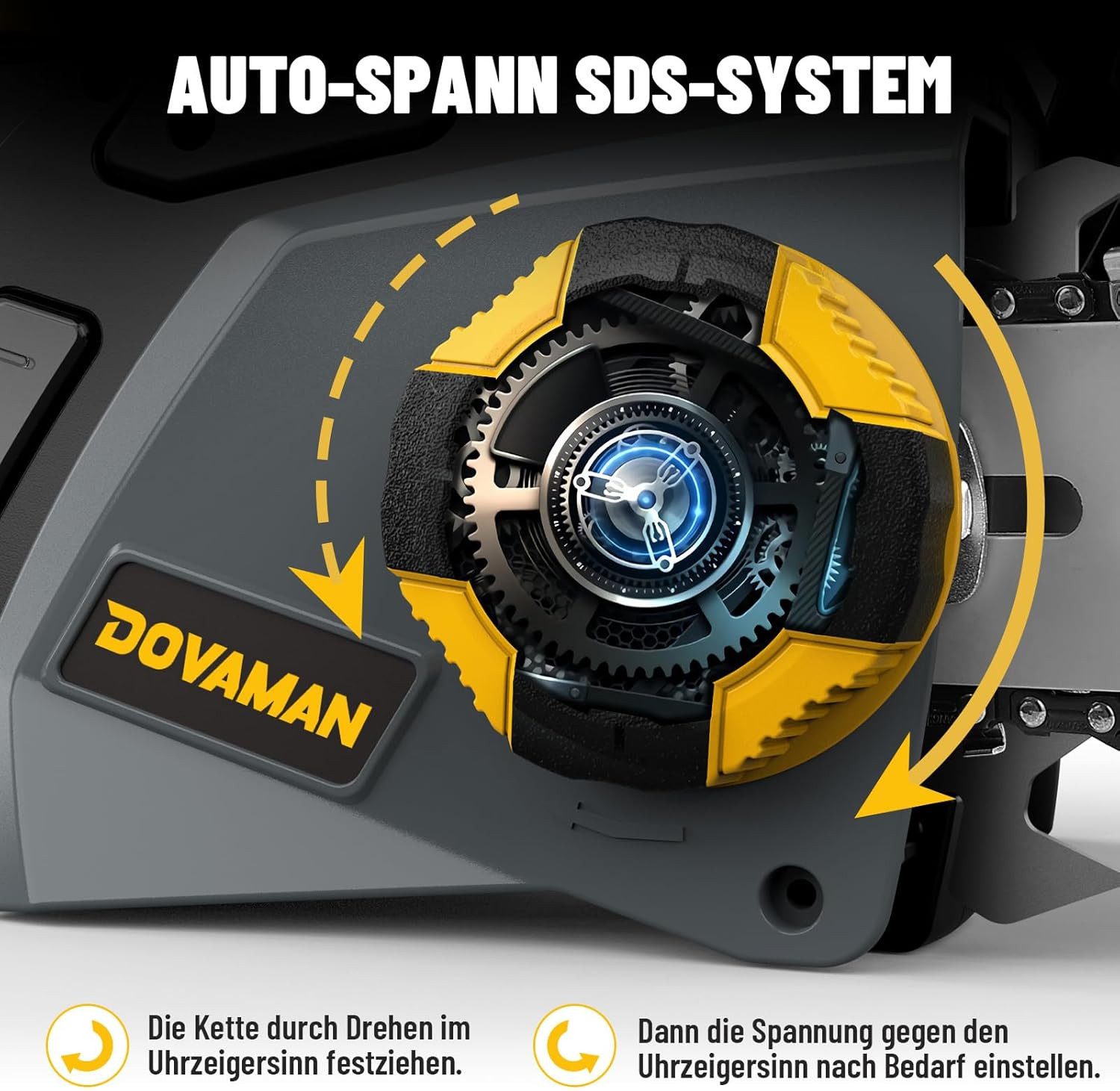 DOVAMAN Elektro-Kettensäge 2400W Werkzeugloses Ein-Schritt-Spannen, 40cm Schiene und 2 Ketten