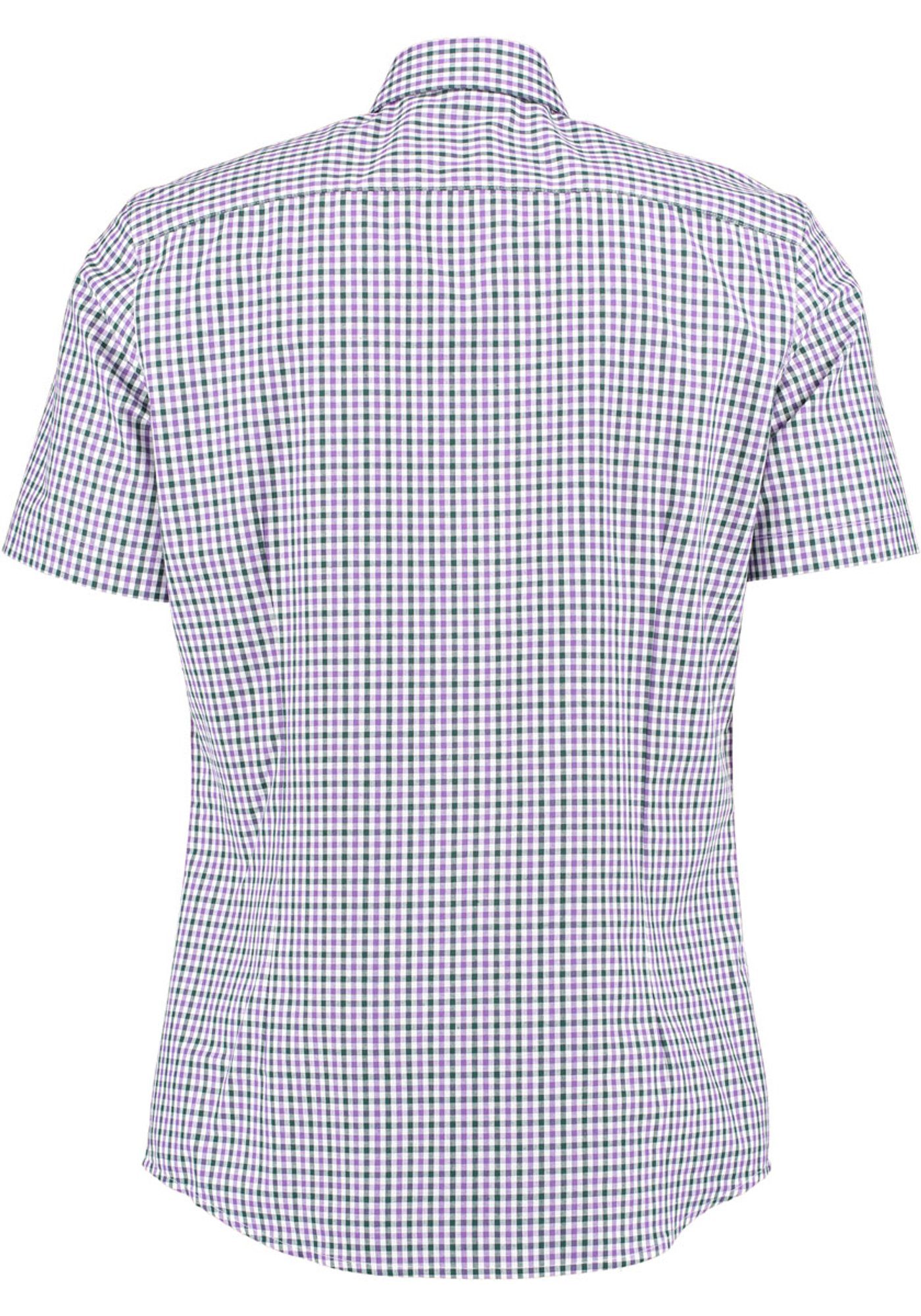 Kurzarmhemd der auf lila Purli Hirsch-Stickerei Trachtenhemd Brusttasche mit OS-Trachten