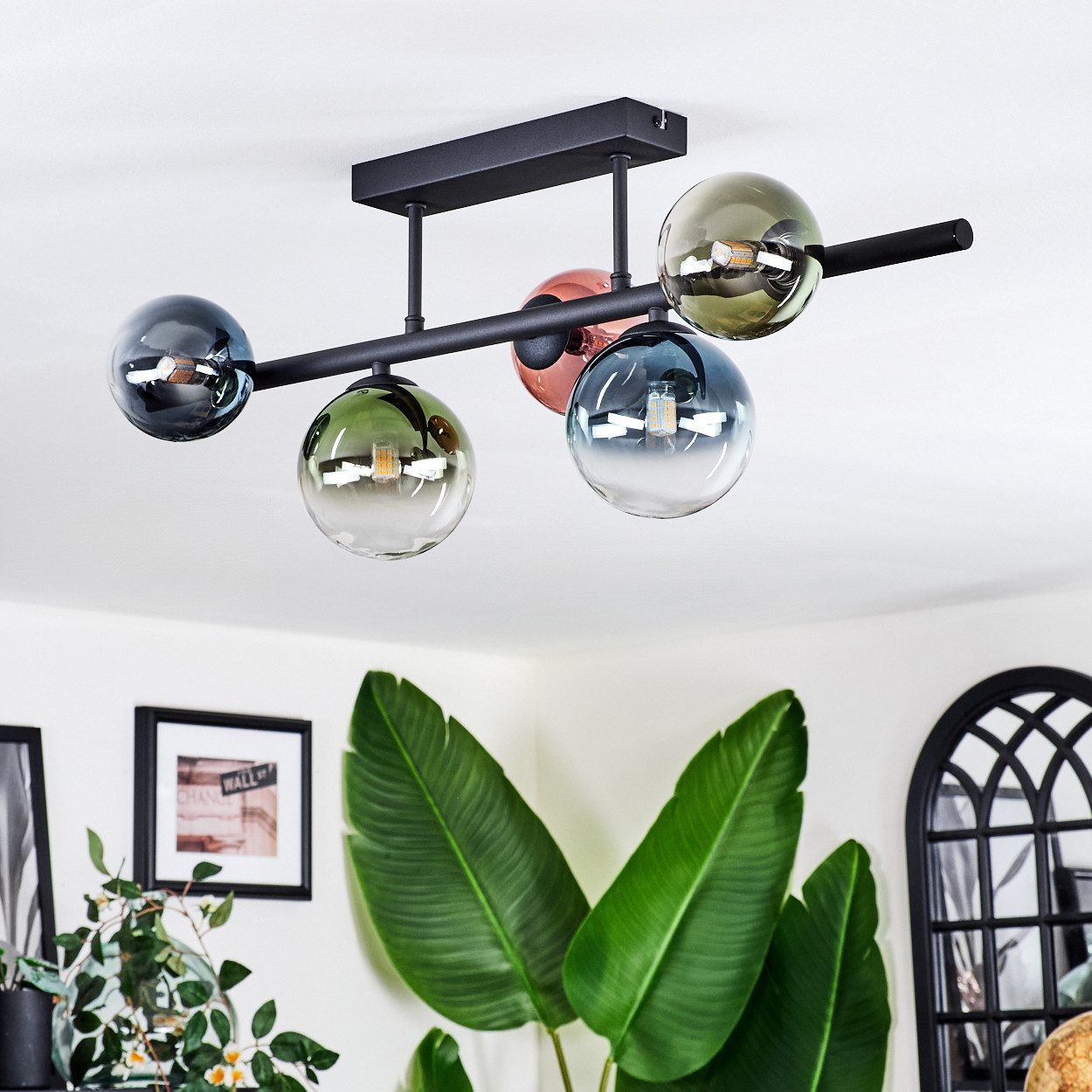 hofstein Deckenleuchte Deckenlampe aus Metall/Glas in Schwarz/Blau/Grün/Kupferfarben/Klar, Deckenleuchte im Retro/Vintage-Design (Schirme Ø 10; 12 cm), 5 x G9