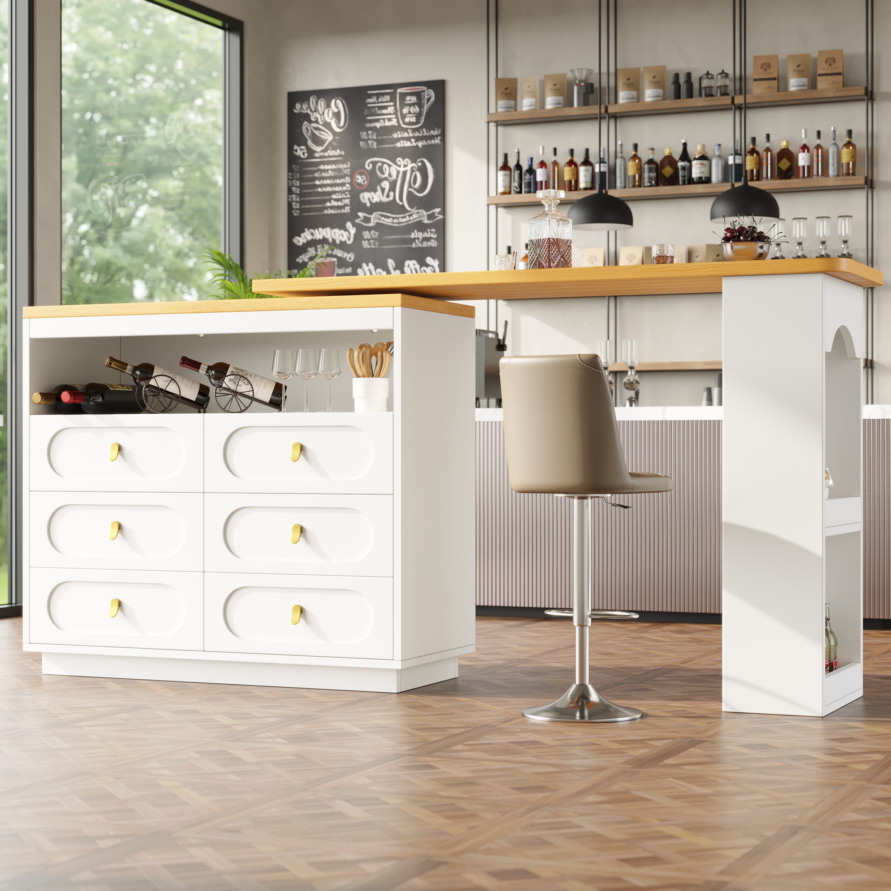 MODFU Bartisch Moderner Rollbarer Bar Tisch (mit Schubladen und Snack-Regal, 1-St., 137-203×39×90cm), 360° drehbare Essbar mit Stauraum