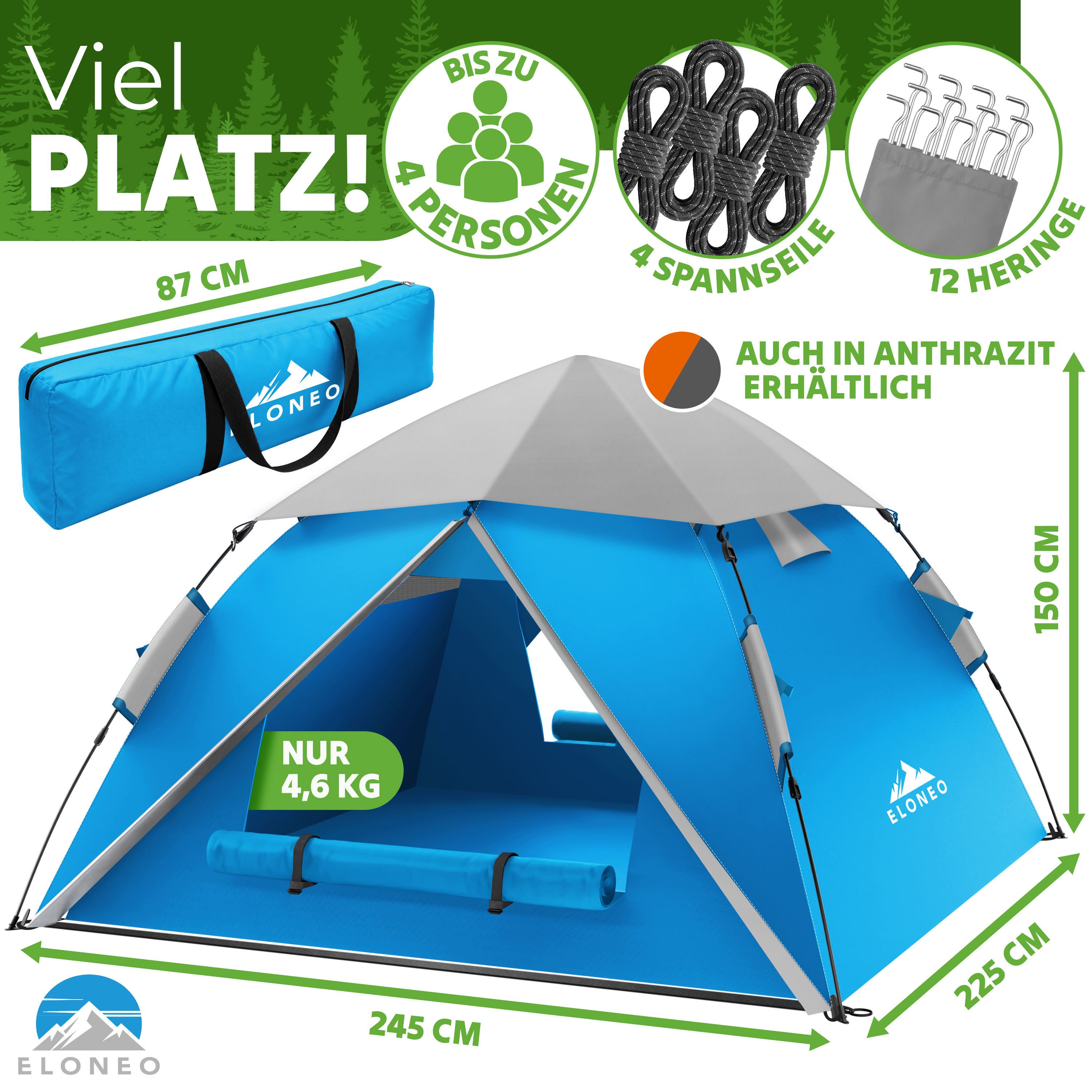 ELONEO Wurfzelt ELONEO Wurfzelt 245x225x150 cm – Pop-Up Campingzelt für 2–4 Personen, Personen: 4, Regendicht, Schnelle Einrichtung, UV-Schutz, Winddicht