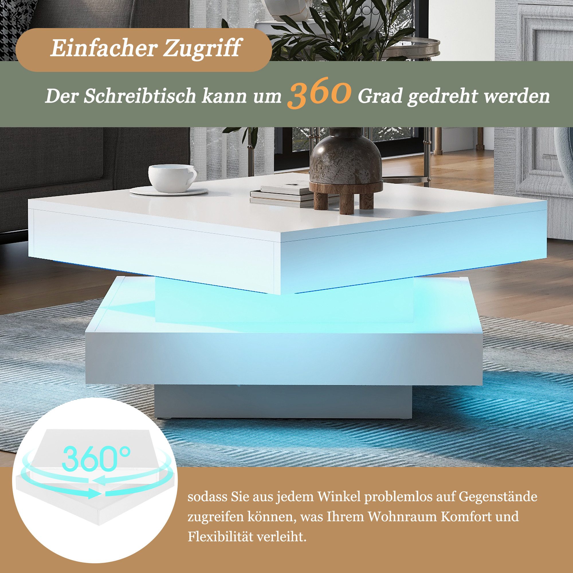 Merax Couchtisch Hochglanz Sofatisch mit LED-Beleuchtung (1-St., 70x70x36 cm), Wohnzimmertisch Quadratischer Beistelltisch mit 360° Drehplatte