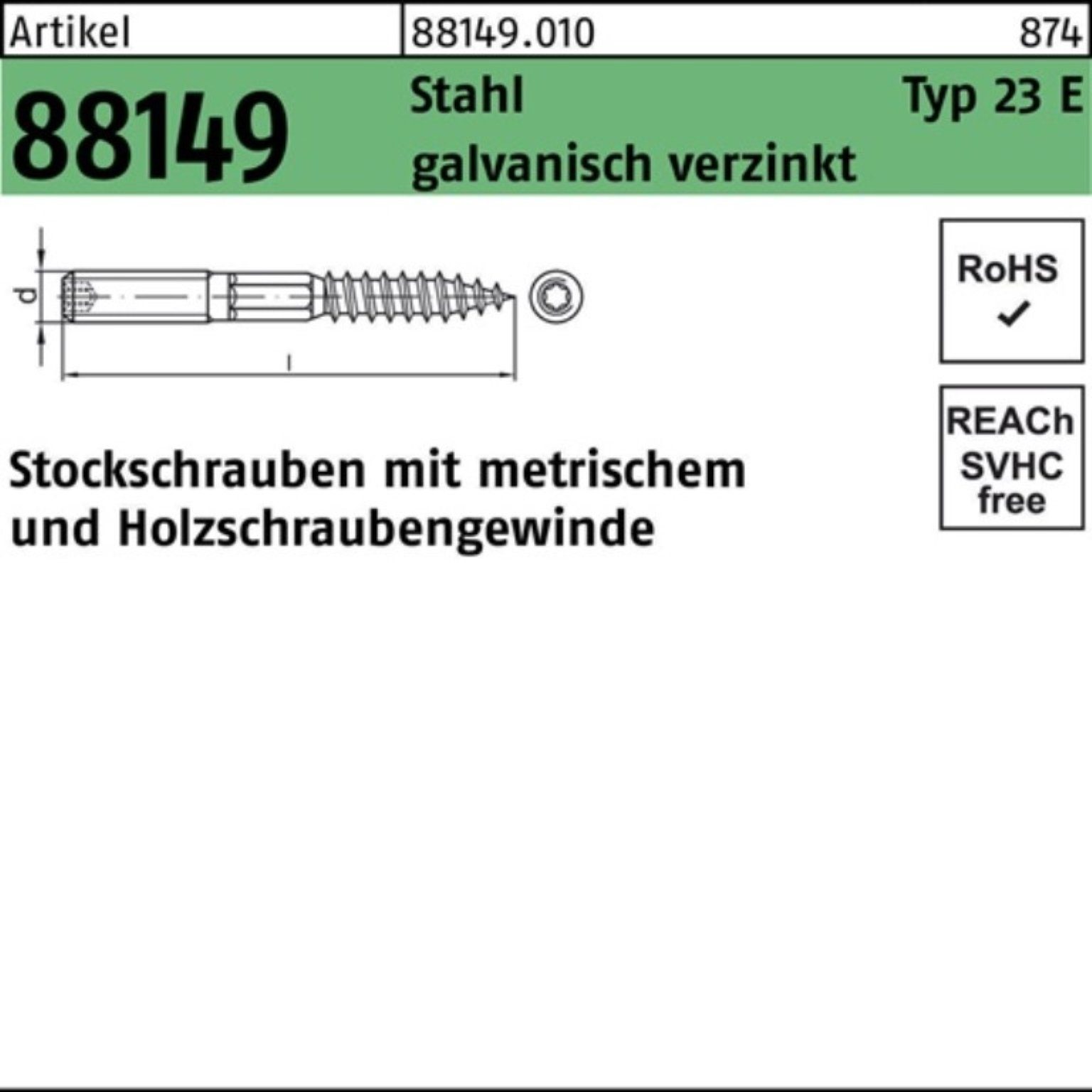 Reyher Stockschraube 100er Pack Stockschraube R 88149 Typ 23 E M6x 50 Stahl galv.verz. 100 | Schrauben
