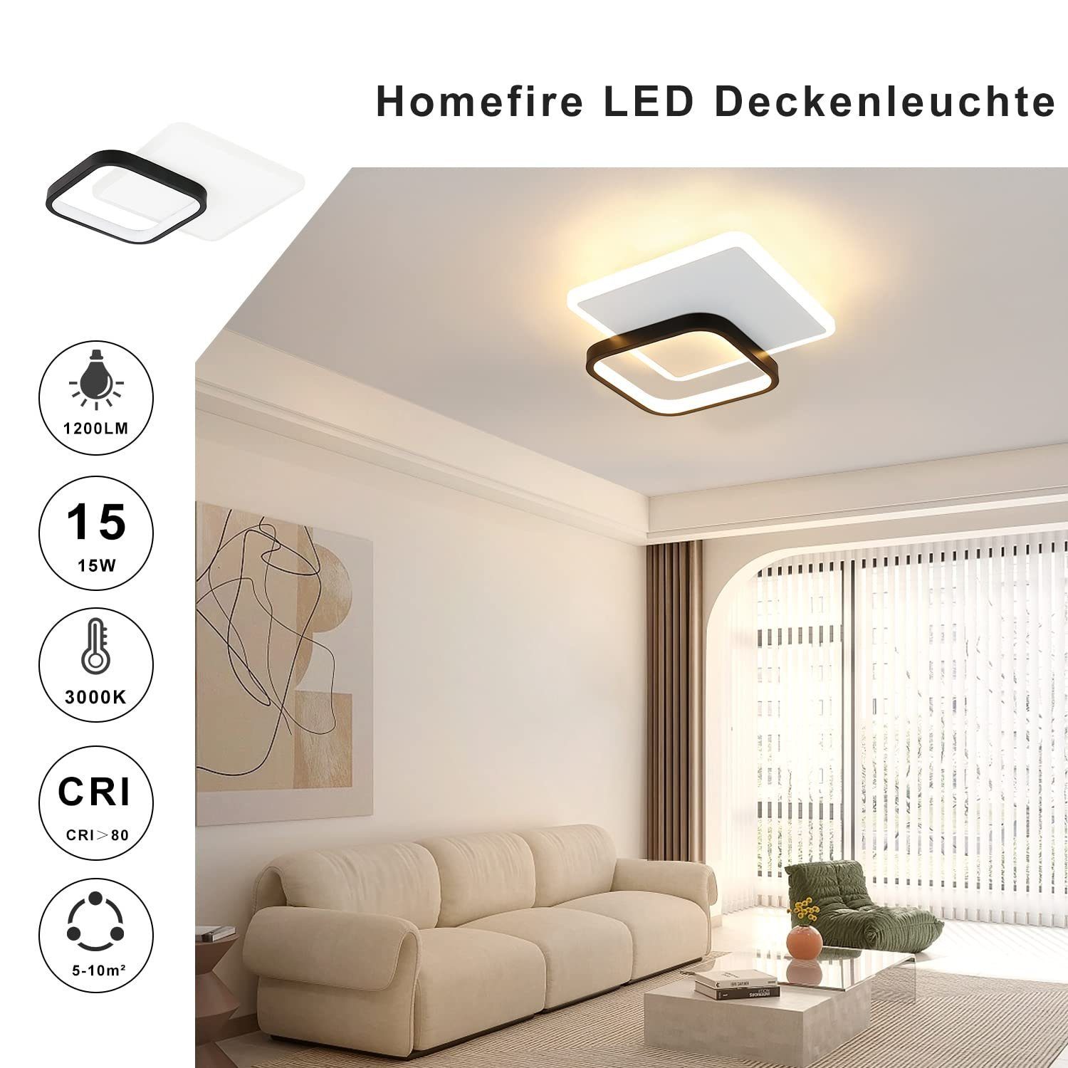 ZMH LED Deckenleuchte Modern Schwarz Warmweiß, 22W Acryl Design integriert, LED fest Eckig, Wohnzimmerlampe, Weiß
