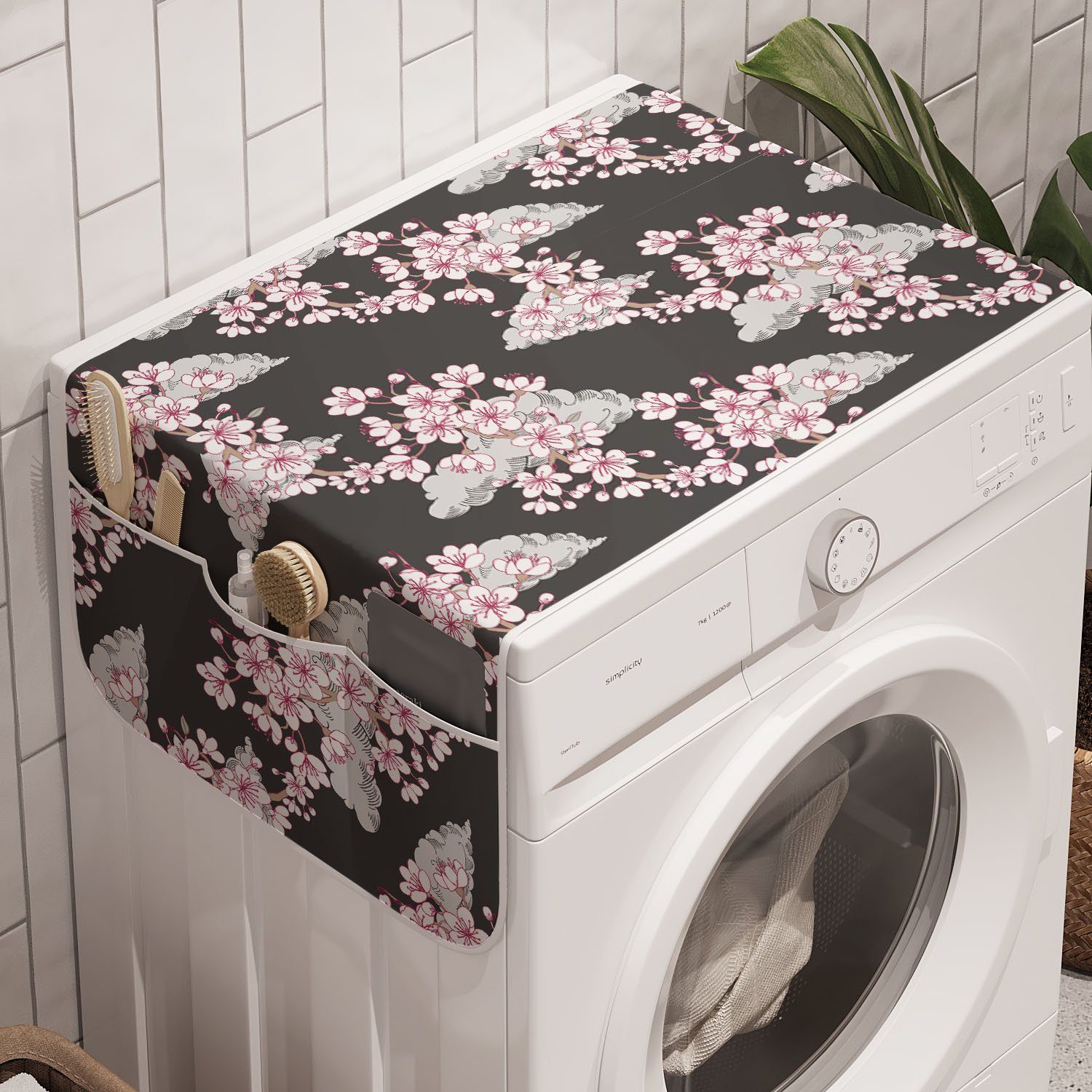 und Anti-Rutsch-Stoffabdeckung Badorganizer Waschmaschine Graustufen für japanisch Abakuhaus Sakura Trockner, Zweige