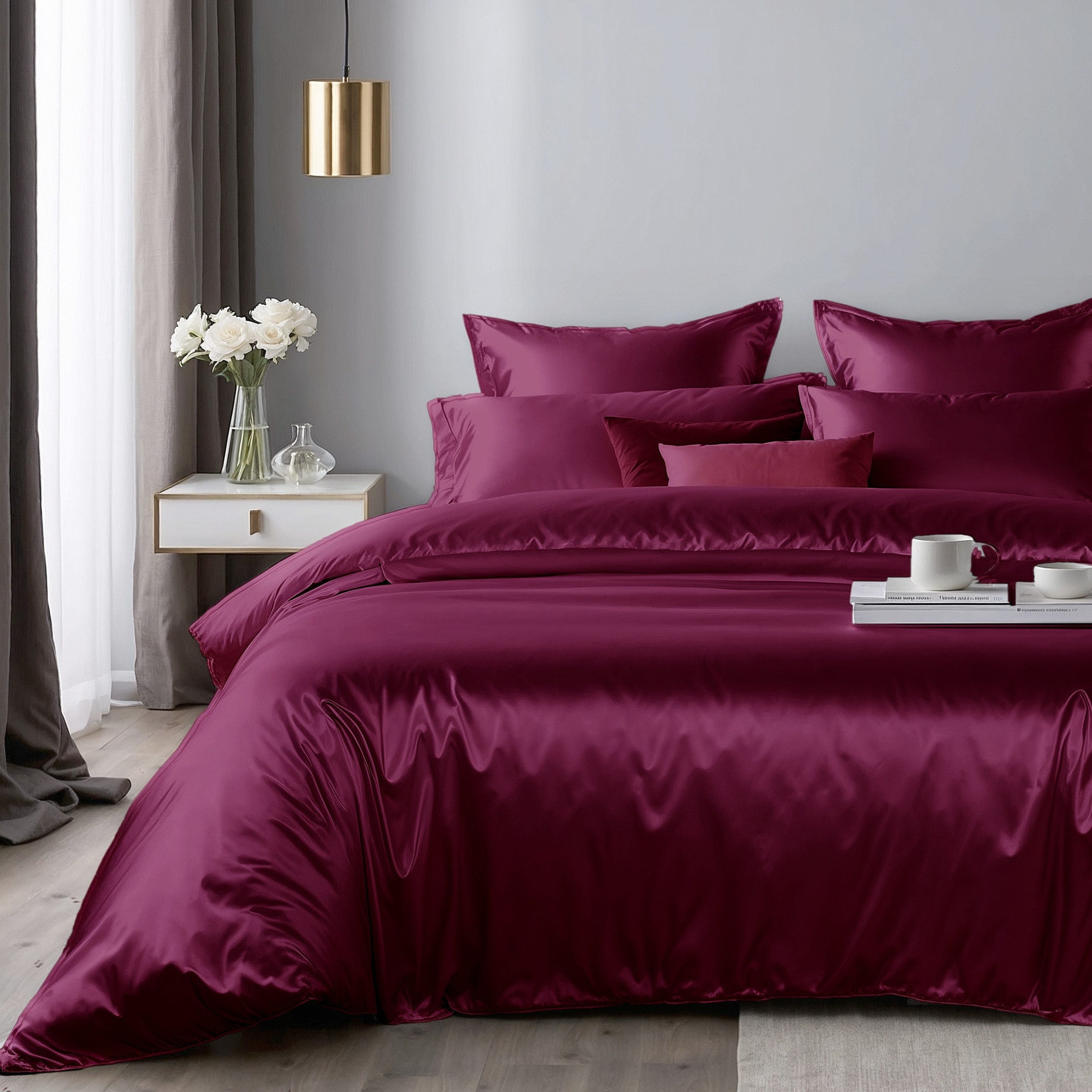 Cozyor Bettwäsche Satin glänzend 135x200, 155x200, 155x220, 200x200cm mit Reißverschluss, Satin, bordeaux Berry, 2 teilig, Edel und hochwertig – Bild 5 von 5