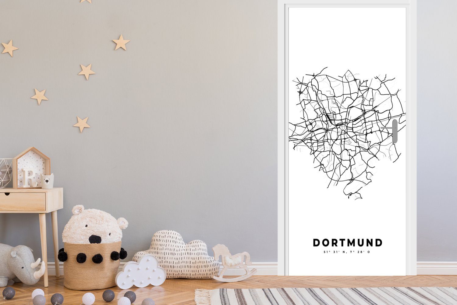 MuchoWow Türtapete Stadtplan - St), Karte, Schwarz Fototapete Matt, (1 bedruckt, cm - - 75x205 Tür, für Türaufkleber, weiß Dortmund und - Deutschland