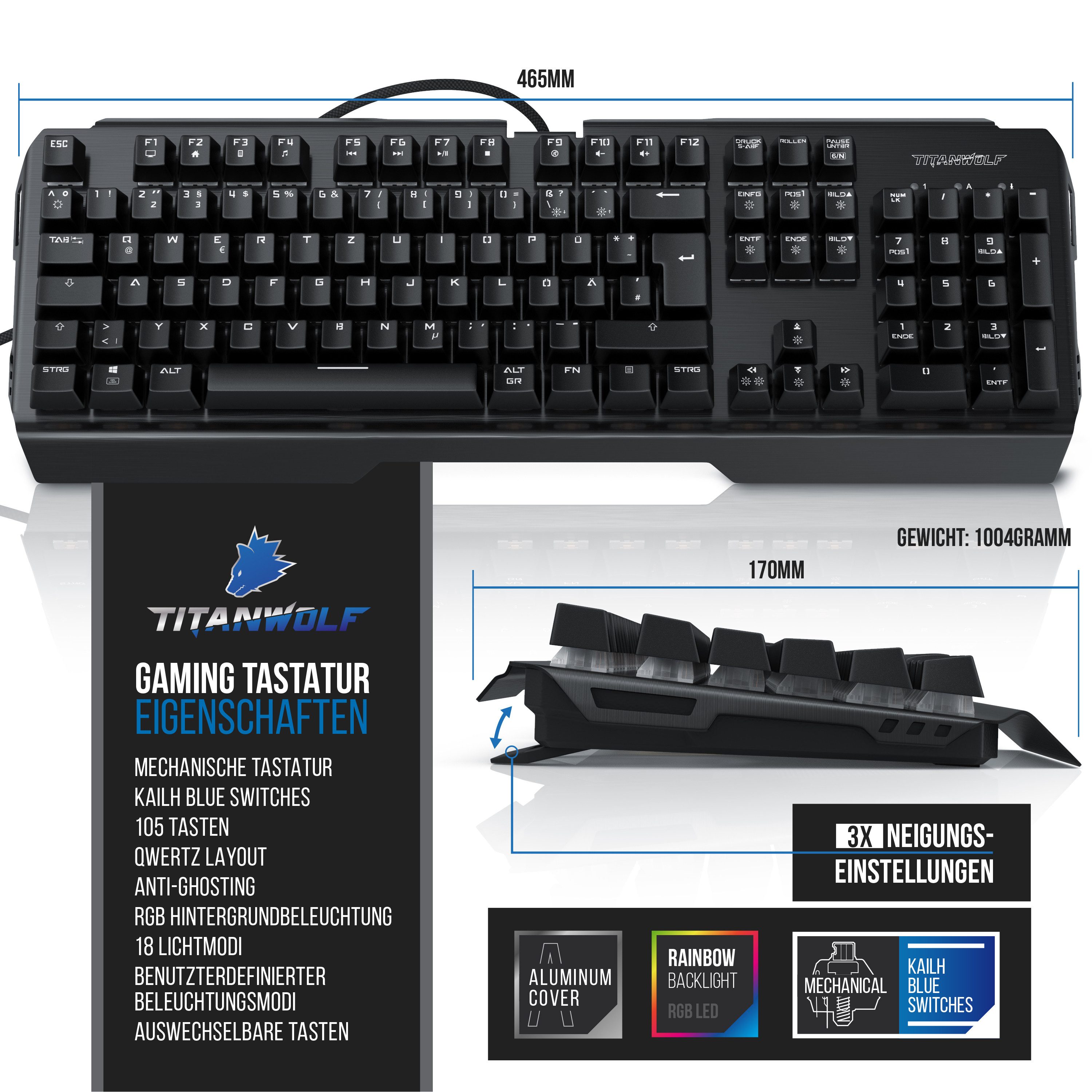 Titanwolf Mechanisches Keyboard, Mouse & XXXL Mousepad Gaming Bundle Tastatur-, Maus- und Mauspad-Set, (Spar-Set, 3 St), 1200x600 Mauspad, Keyboard mit Anti-Ghosting + LED, Maus mit 10800dpi