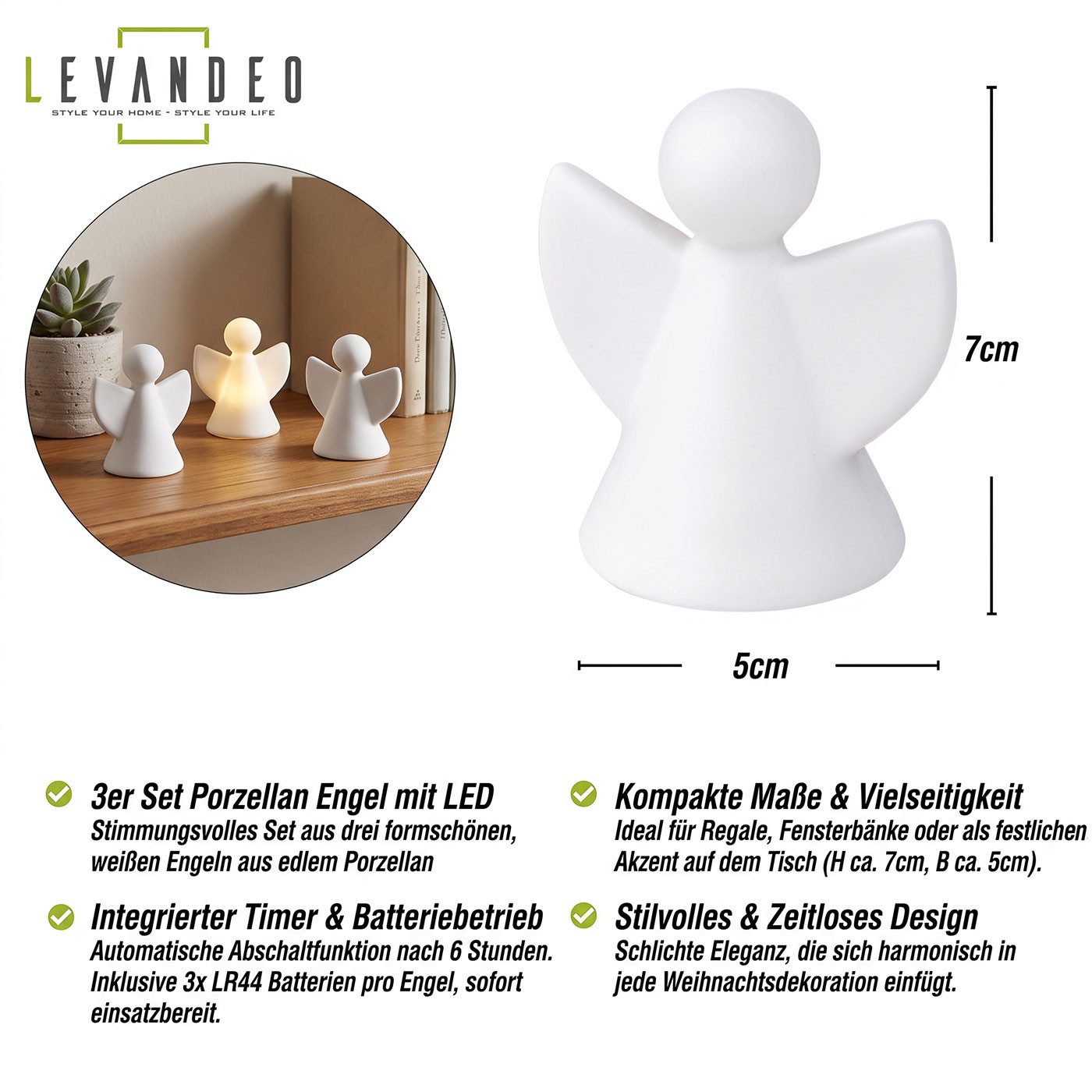 Levandeo® Weihnachtsfigur 3er Set LED Deko Licht Engel Weiß Porzellan Weihnachtsdeko Engelfigur – Bild 3 von 5