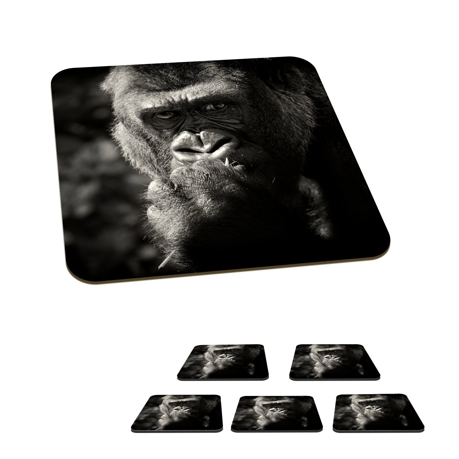 MuchoWow Glasuntersetzer Gorilla auf schwarzem Hintergrund in Schwarz und Weiß, Zubehör für Gläser, 6-tlg., Glasuntersetzer, Tischuntersetzer, Korkuntersetzer, Untersetzer, Tasse