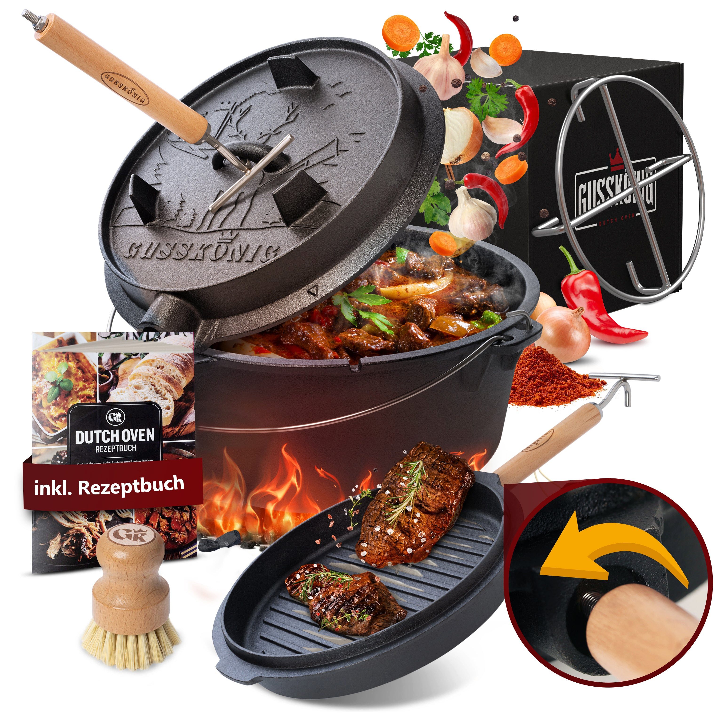 GUSSKÖNIG Grilltopf Dutch Oven Set 7 Liter Feuertopf Deckelheber und Edelstahl Untersetzer