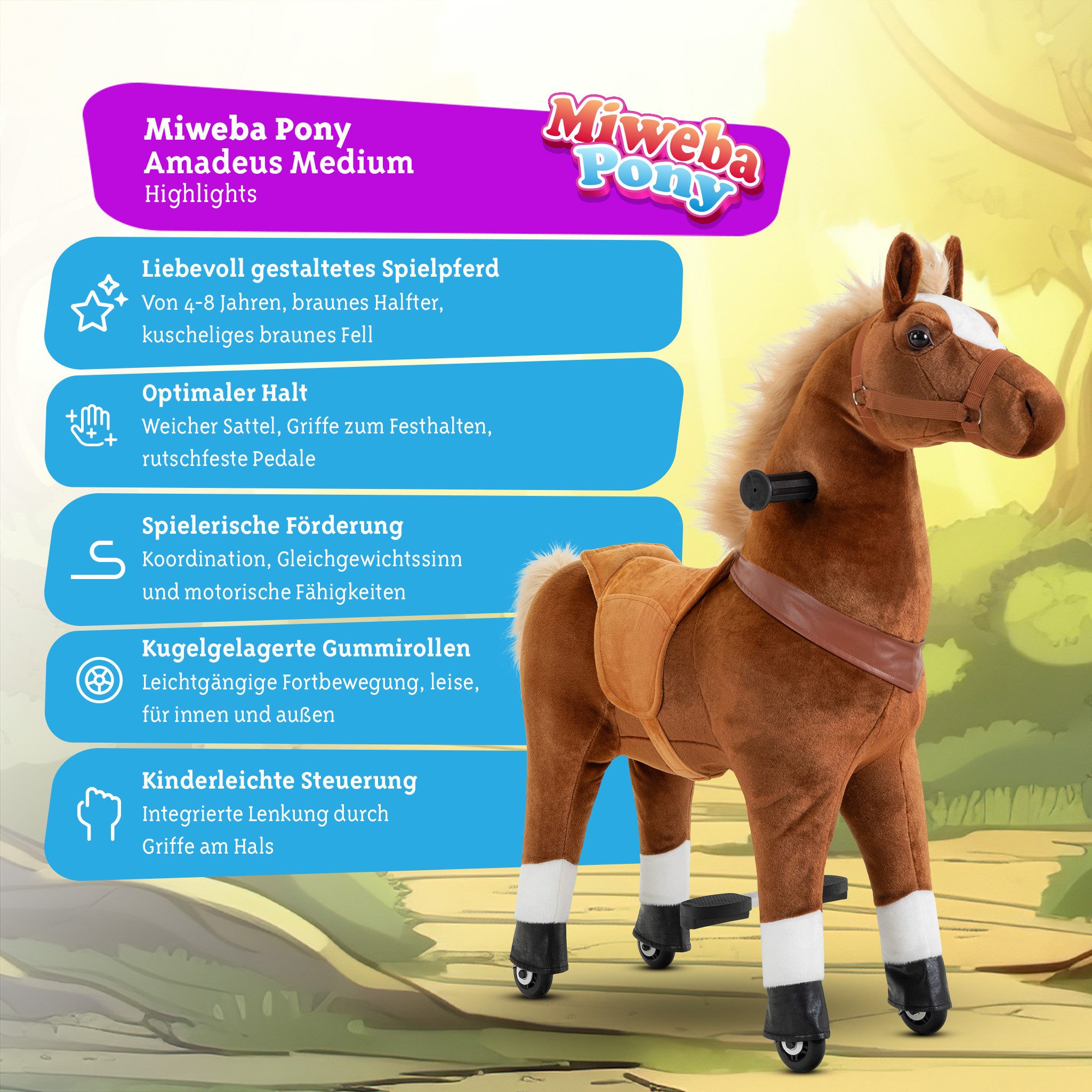 miweba Reitpferd für Kinder Amadeus - Pony mit Rollen, Schaukelpferd, Kinder Pony mit Lenkung, Pferd für Kinder mit Sattel