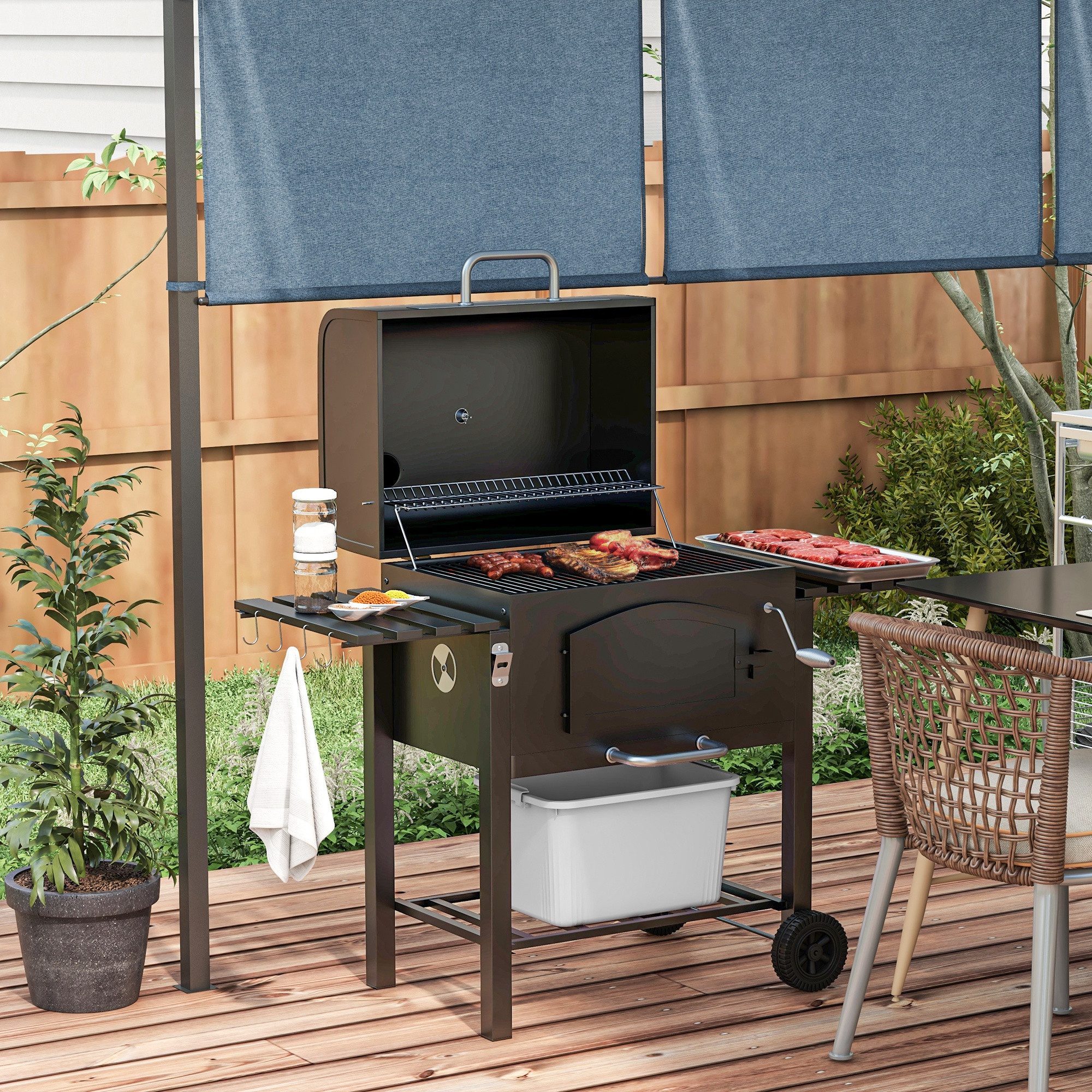Outsunny Holzkohlegrill mit Smoker Warmhalteplatte Regale Metall, Campinggrill, BBQ Gartengrill, Gartenparty Transportrollen Schwarz 124 x 66 x 112 cm
