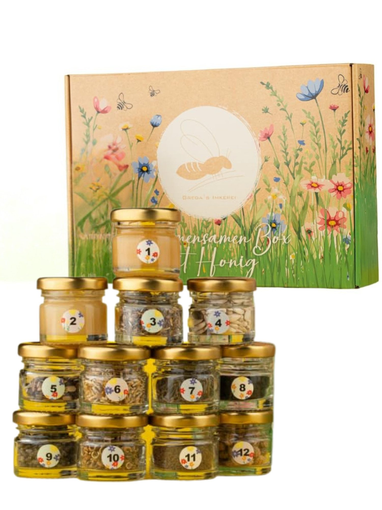 Grega´s Imkerei Blumensamen Blumensamenbox mit Honig Geschenkset 12-teilig, für Bienen, Schmetterlinge & co. Inkl. 2 Honige, 10 Saaten & Buch
