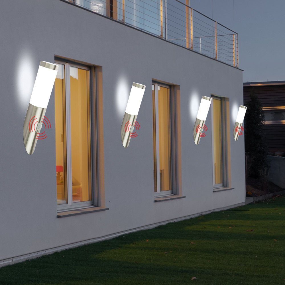 etc-shop Außen-Wandleuchte, Leuchtmittel inklusive, Warmweiß, 4x Wand Leuchten Außen Lampen Edelstahl Beleuchtung Bewegungsmelder im