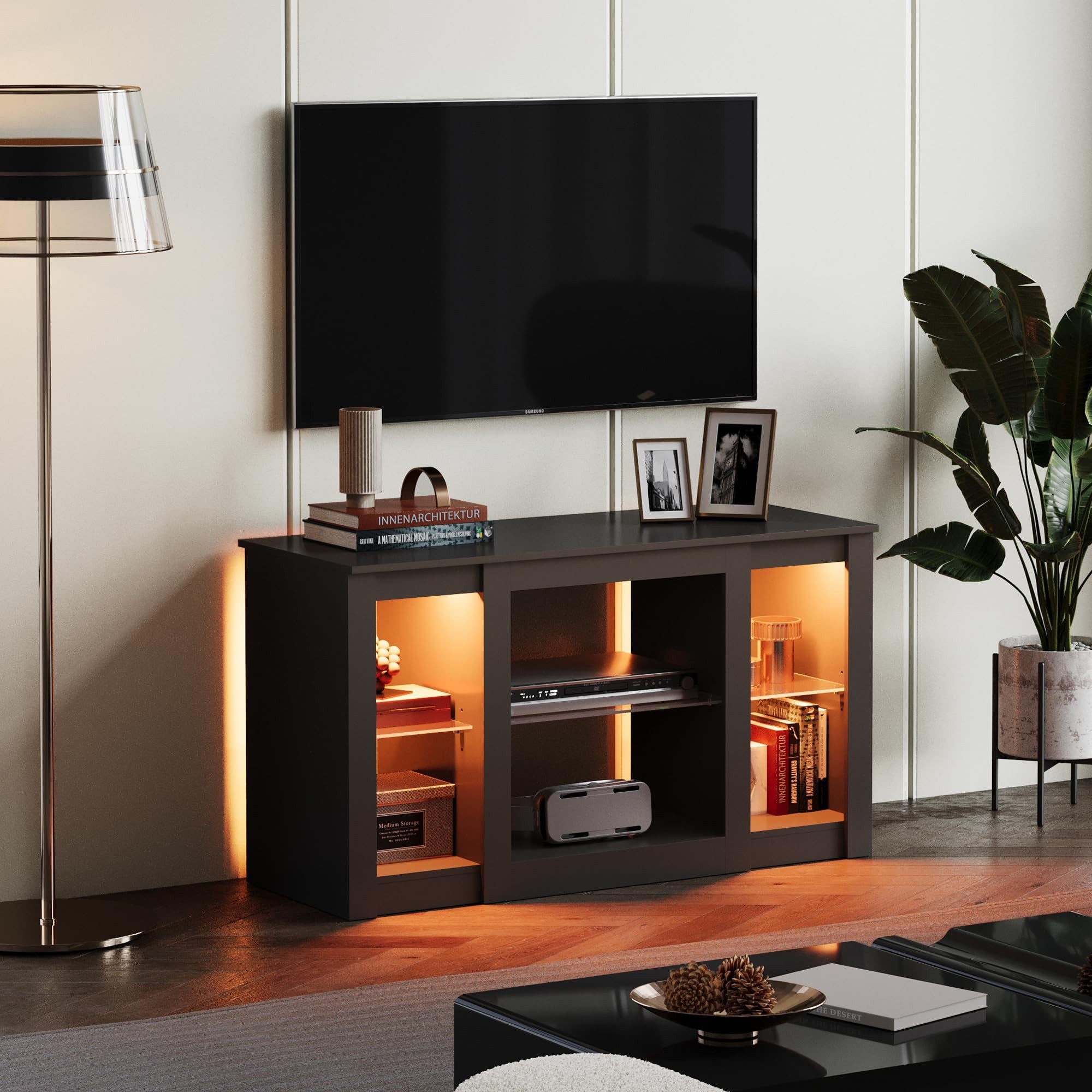 WLIVE Lowboard TV-Schrank mit RGB-LED (22 Modi), 3 offene Fächer & verstellbare, 100 × 40× 56 cm, modern & stabil