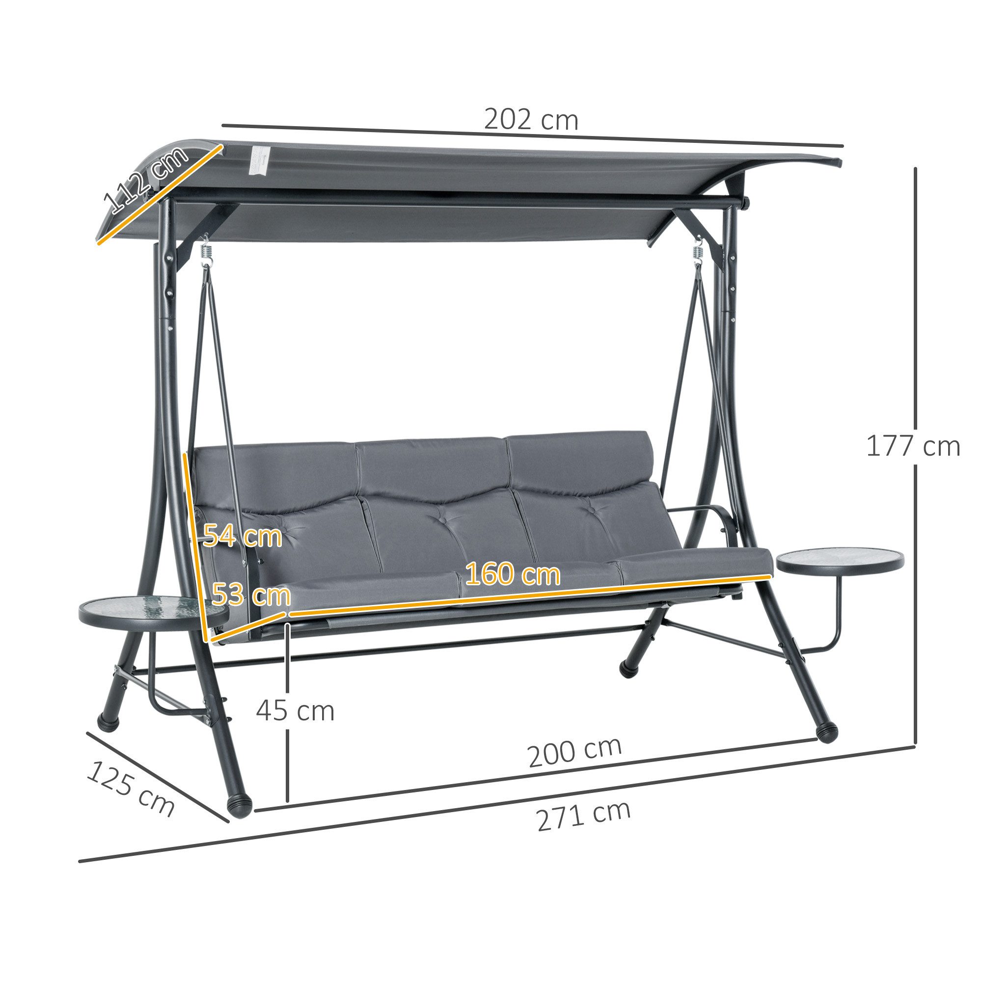 Outsunny Hollywoodschaukel mit verstellbarem Sonnendach, 3-Sitzer, Verstellbares Dach, Gartenschaukel, 1 tlg., Schaukelbank, für Garten, Balkon, Grau – Bild 3 von 5