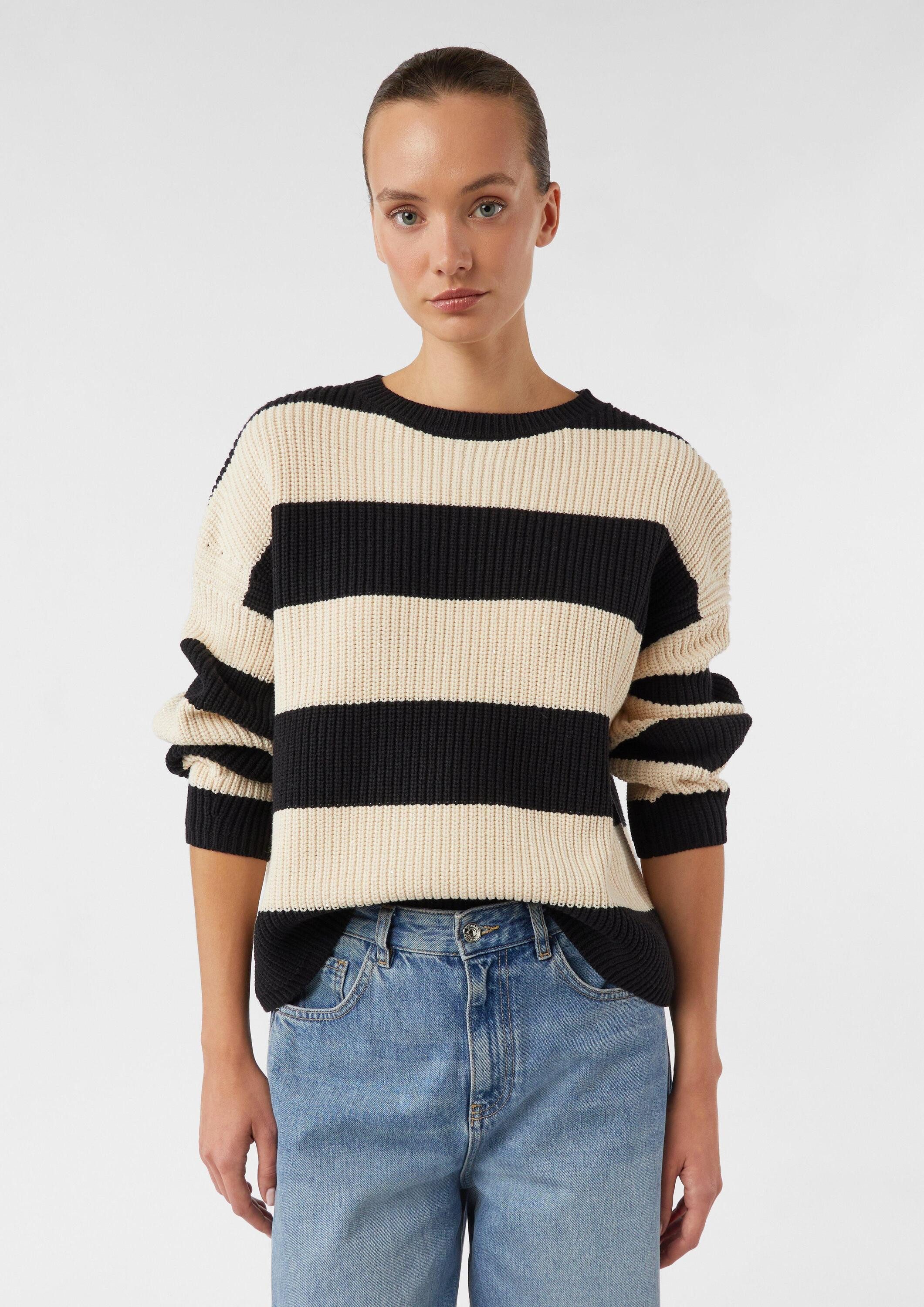 comma Longpullover Strickpullover Ringelpullover aus Grobstrick mit dezenten Pailletten