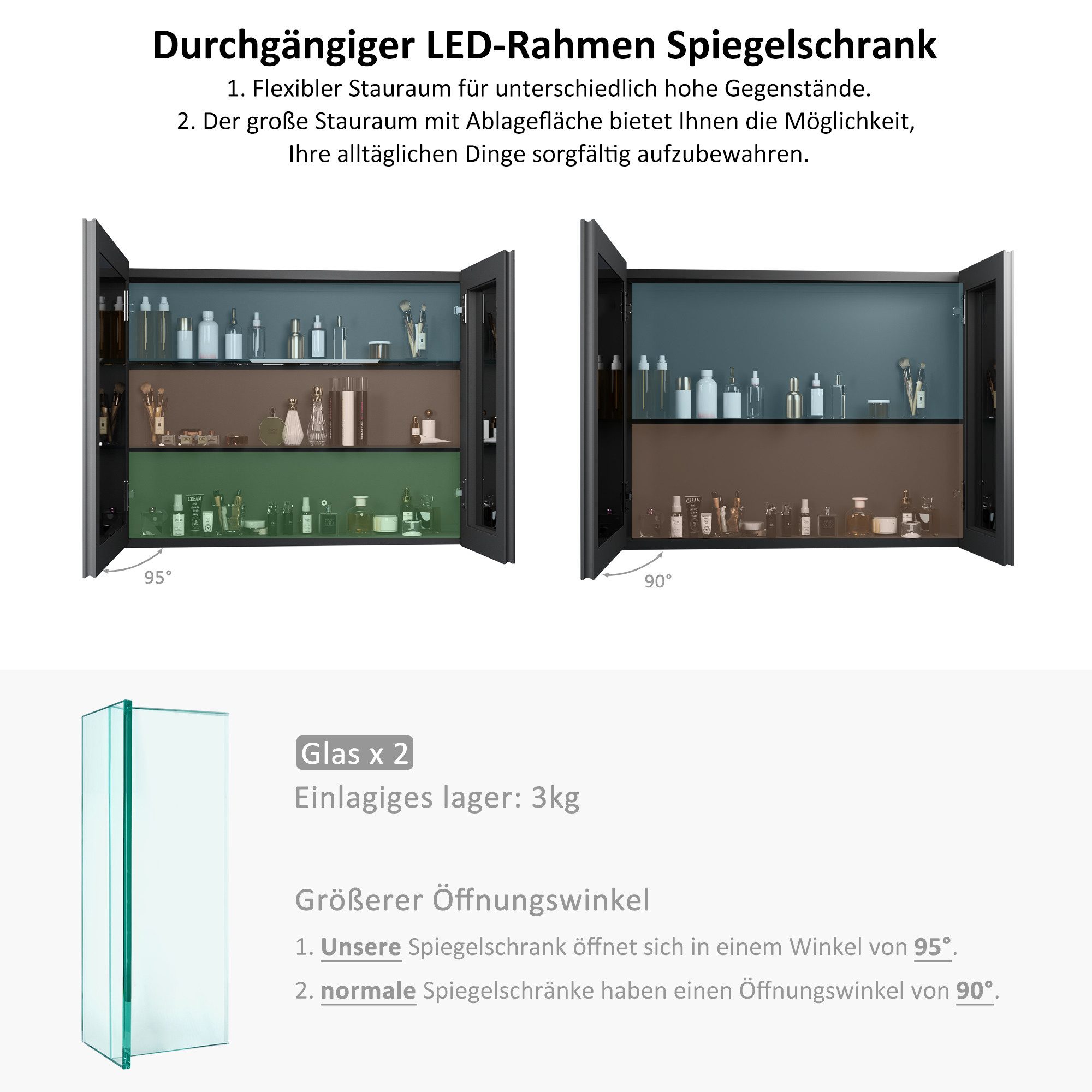 WDWRITTI Spiegelschrank Aluminum Badezimmerspiegelschrank 80cm breit mit LED Beleuchtung (Badschrank Schwarz matt 2-türig, 80x13,5x60cm) Doppelseitiger HD-Spiegel, Kaltweiß, Neutral, Warmweiß