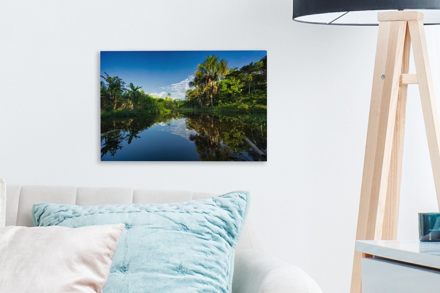 OneMillionCanvasses® Leinwandbild Reflexionen über Amazonas, 30x20 Leinwandbilder, den (1 Aufhängefertig, Wandbild cm Wanddeko, peruanischen St)