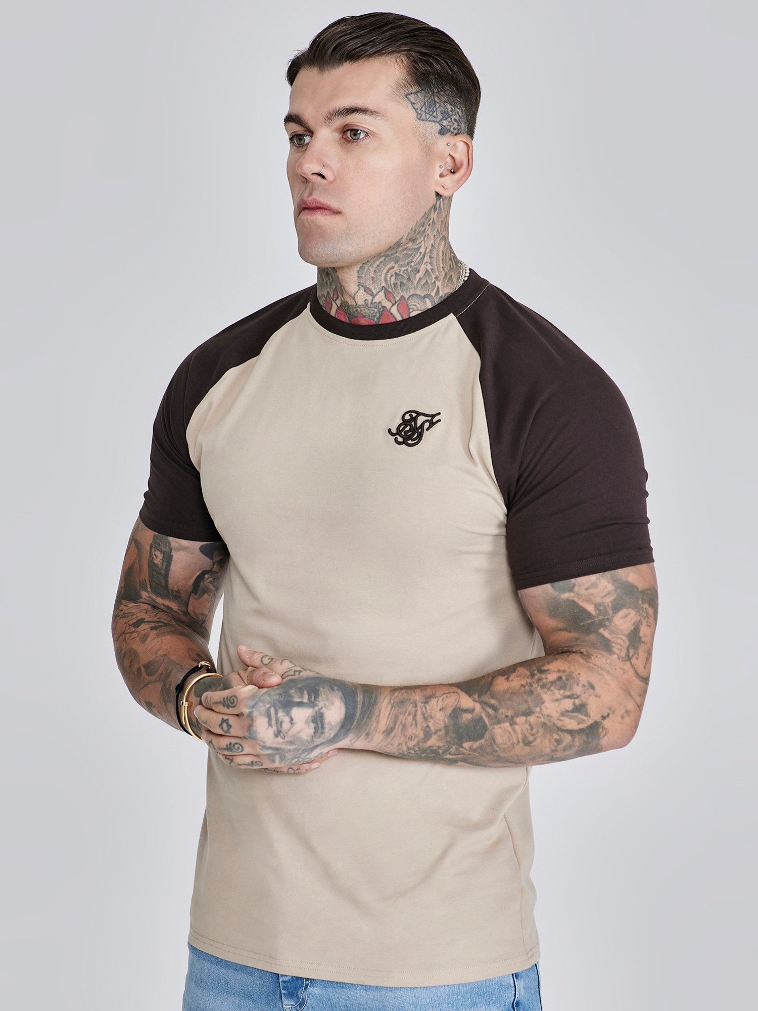 Siksilk T-Shirt SikSilk Herren Beige Braun Raglan T-Shirt günstig online kaufen