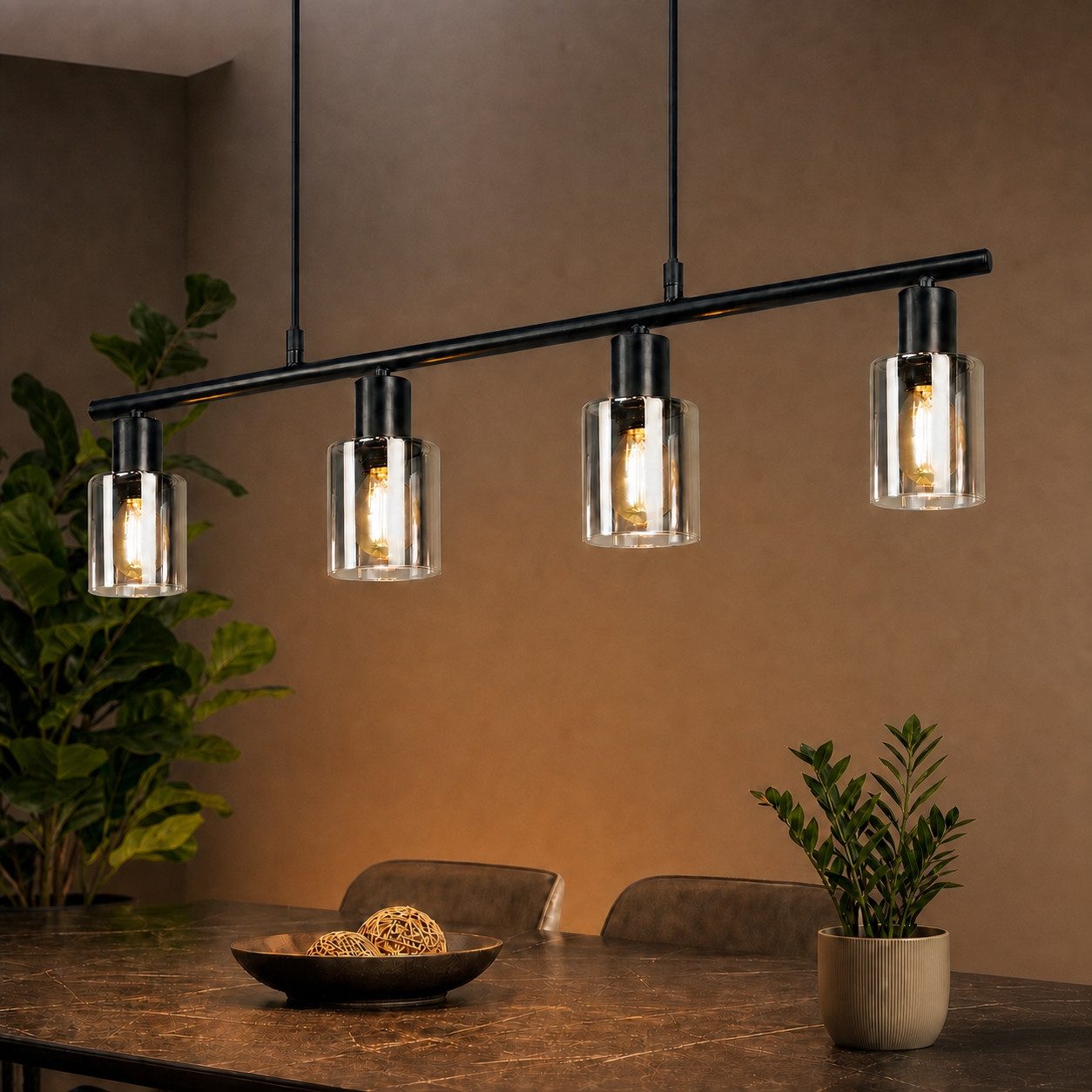 Nettlife Pendelleuchte Retro Glas Hängelampe 4flammig Industrial Schwarz Hängeleuchte, ohne Leuchtmittel, Esszimmerlampe Küchenlampe Deckenleuchte für Esstisch Küche