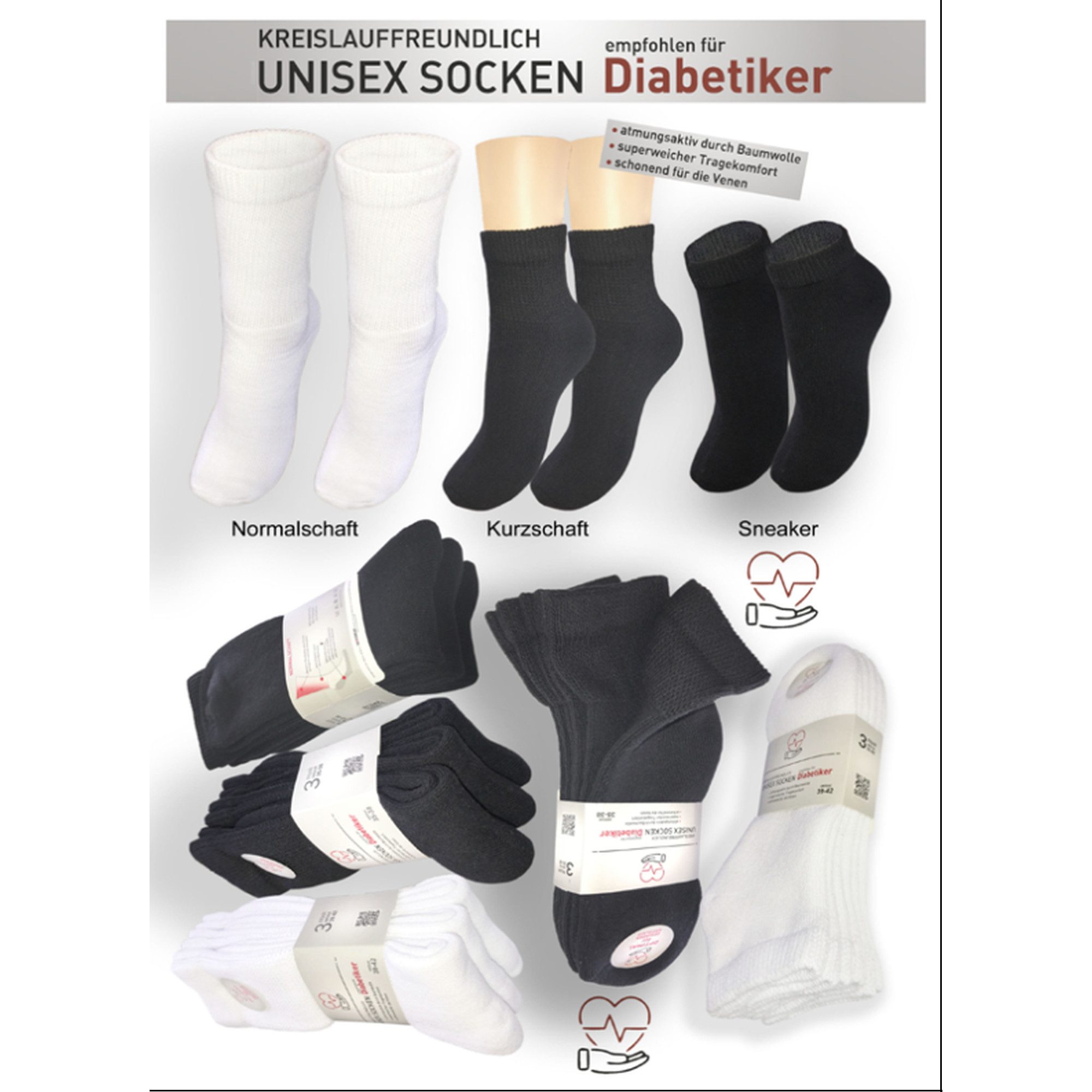 Sockswear Diabetikersocken Sneaker Kurzschaft oder Normalschaft Socken (3 Paar) extrem dehnfähiger Bund dicke Qualität kreislauffreundlich