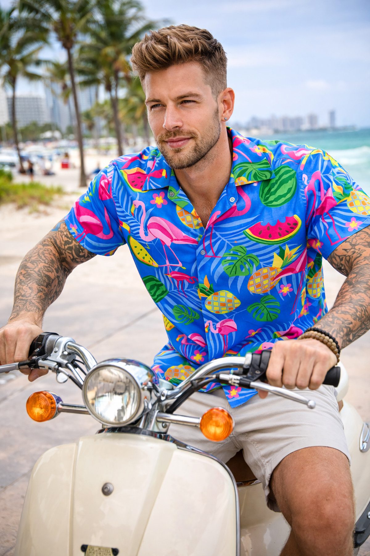 King Kameha Hawaiihemd "Flamingo Melone" Funky Hawaiihemd Herren Kurzarm Fronttasche Stylish