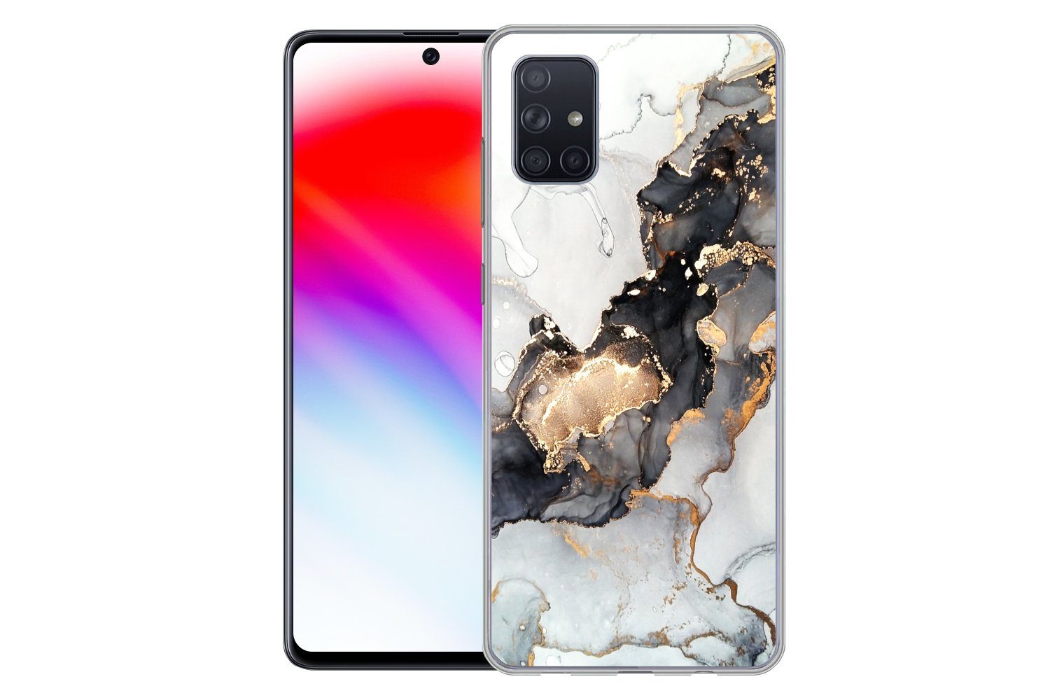 MuchoWow Handyhülle für Samsung Galaxy A71 Marmor - Schwarz - Weiß - Gold - Luxus - Abstra, Phone Case, Silikon, Schutzhülle Dünn