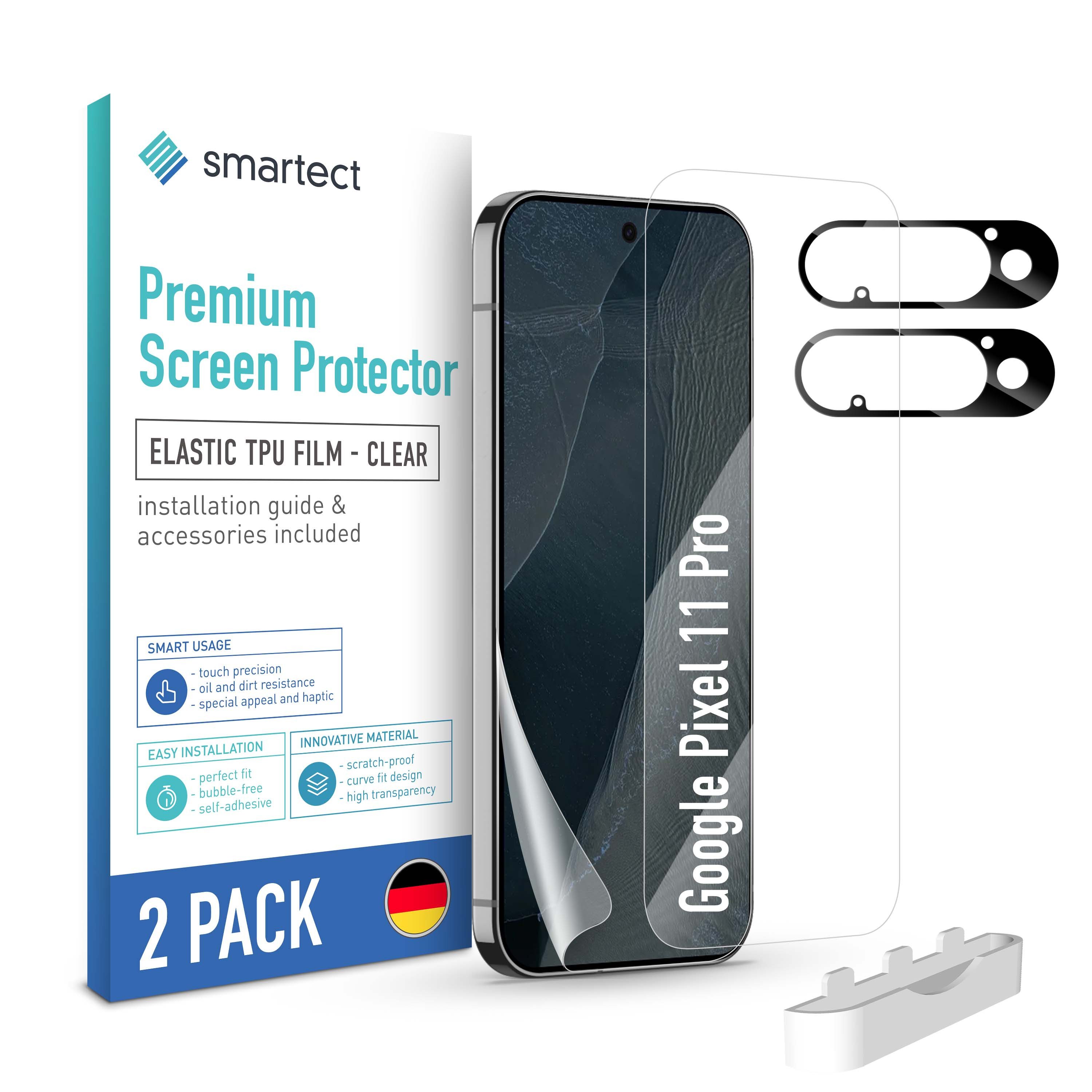 smartect Displayschutzfolie TPU Schutzfolie 2 + 2 Stück für Google Pixel 11 Pro (Display + Kamera) für Google Pixel 11 Pro, Set, 2 Stück, Ultra-klar, Kratzfest, Blasenfrei, Oleophob, Fingerabdruck kompatibel