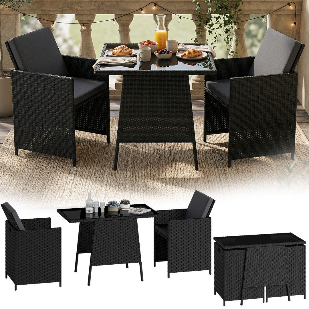 STEELSØN Gartenlounge-Set Xenara 3-teilig mit 2 Stühlen und Tisch, (schwarz/anthrazit, platzsparende Sitzgruppe), Rattan Outdoor Essgruppe, klappbare Stühle mit Sitzkissen