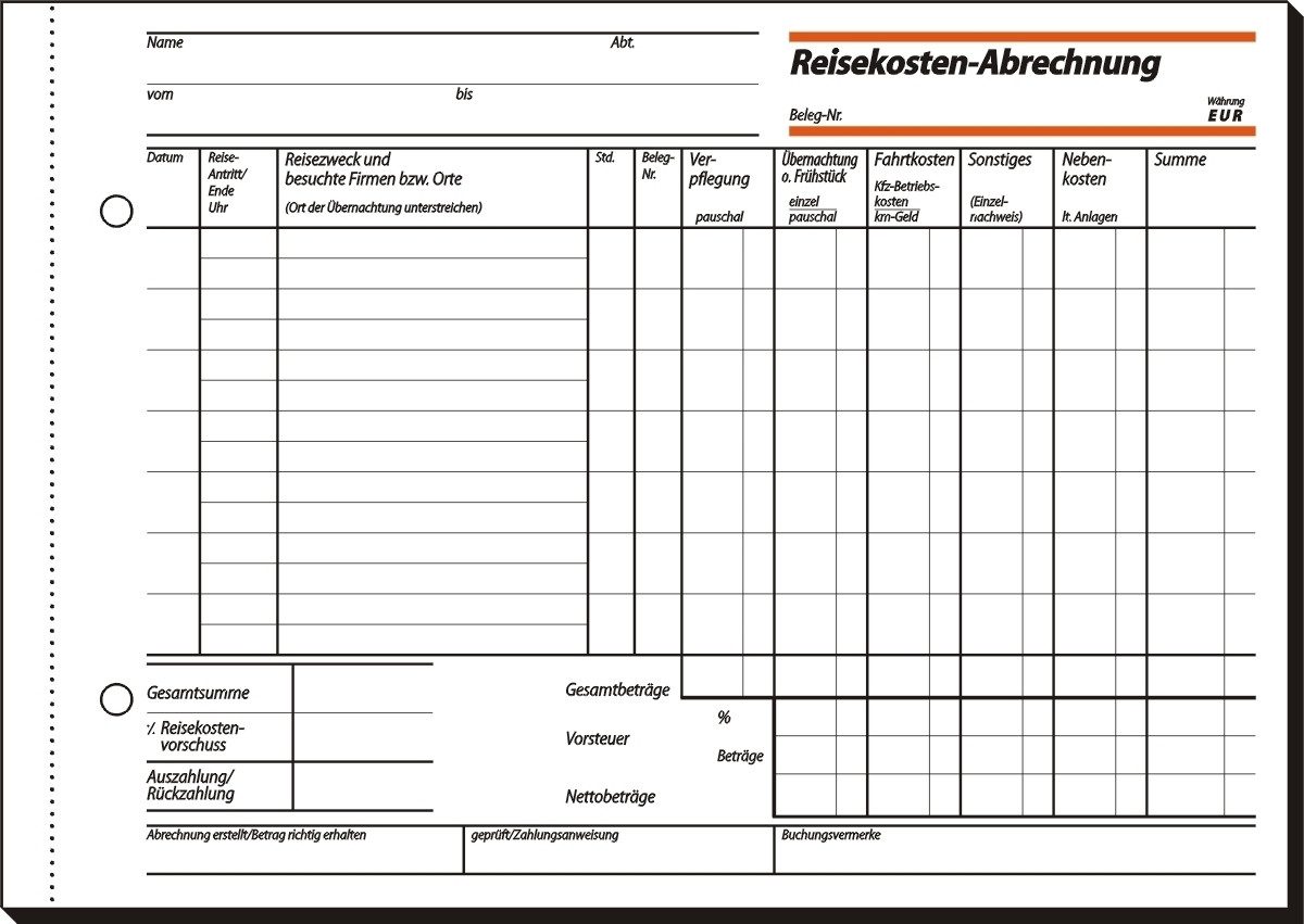 Formularblock Formularbuch Reisekostenabrechnung A5 quer.
