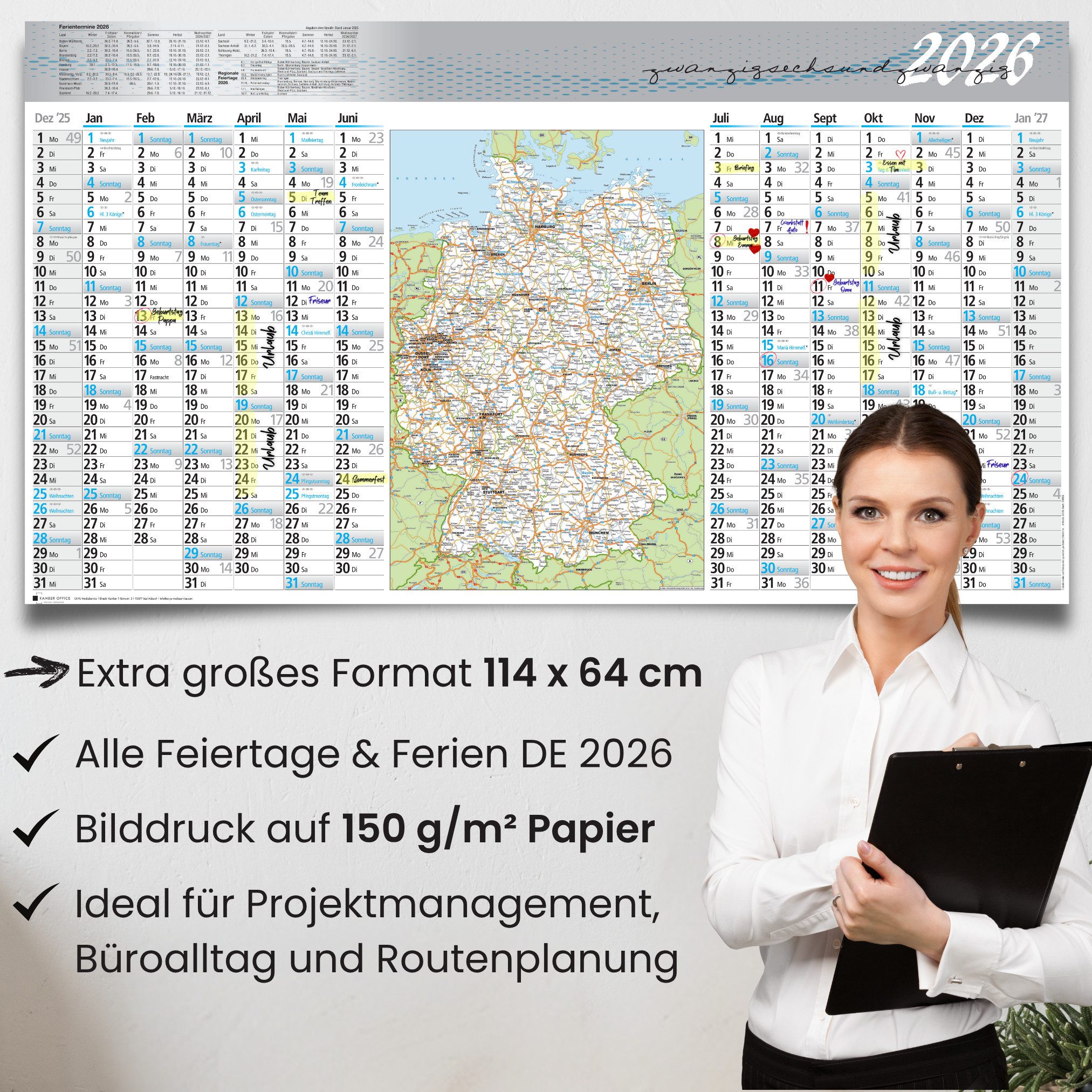 Kamber Office Wandkalender 2026 Jahreskalender XXL groß 14 Monate Bürokalender gefalzt, Deutschlandkarte, Landkarte Deutschland, Schulferien, 114x64 cm