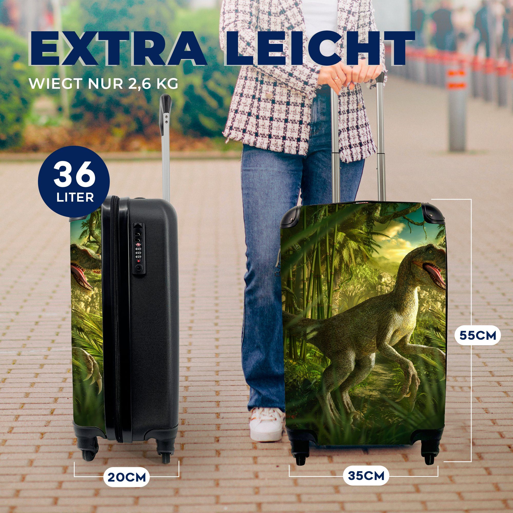 MuchoWow Handgepäckkoffer Dinosaurier - Pflanzen - Grün - Illustration - Kinder - Jungen, 4 Rollen, Reisetasche mit rollen, Handgepäck für Ferien, Trolley, Reisekoffer