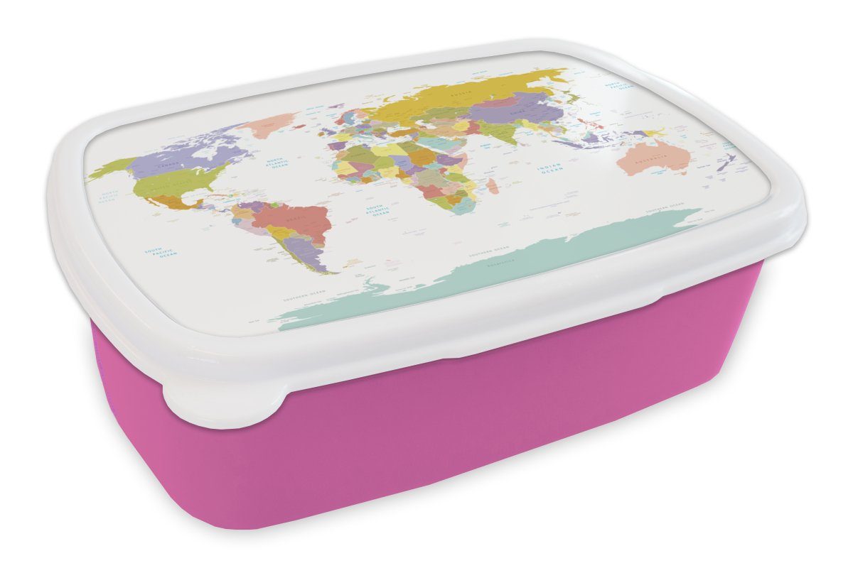 MuchoWow Lunchbox Weltkarte - Topographie - Farben - Kind - Junge - Mädchen, Kunststoff, (2-tlg), Brotbox für Erwachsene, Brotdose Kinder, Snackbox, Mädchen, Kunststoff rosa
