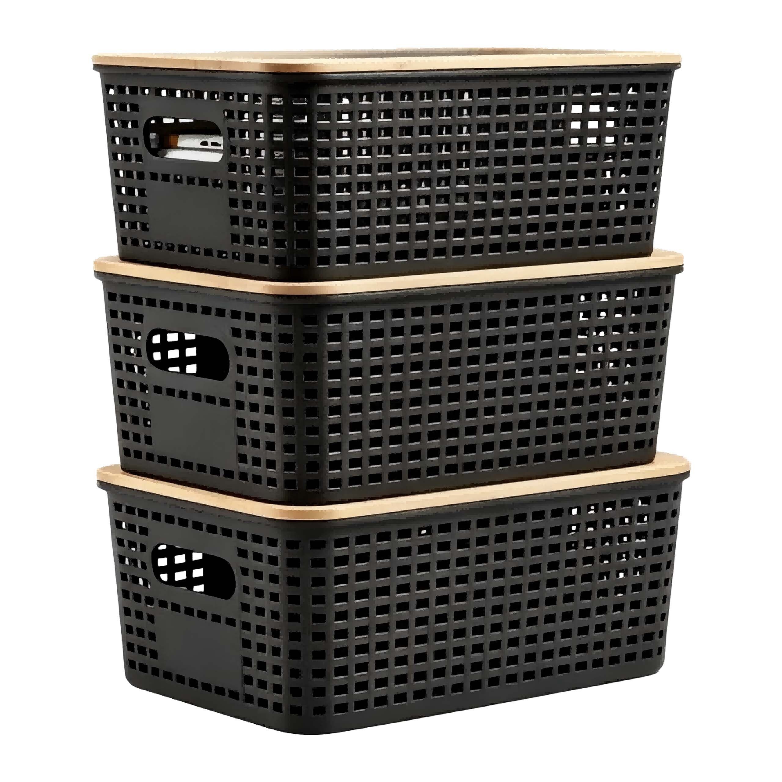 relaxdays Aufbewahrungsbox mit Bambusdeckel im Set (3 St), schwarz, 3er-Pack