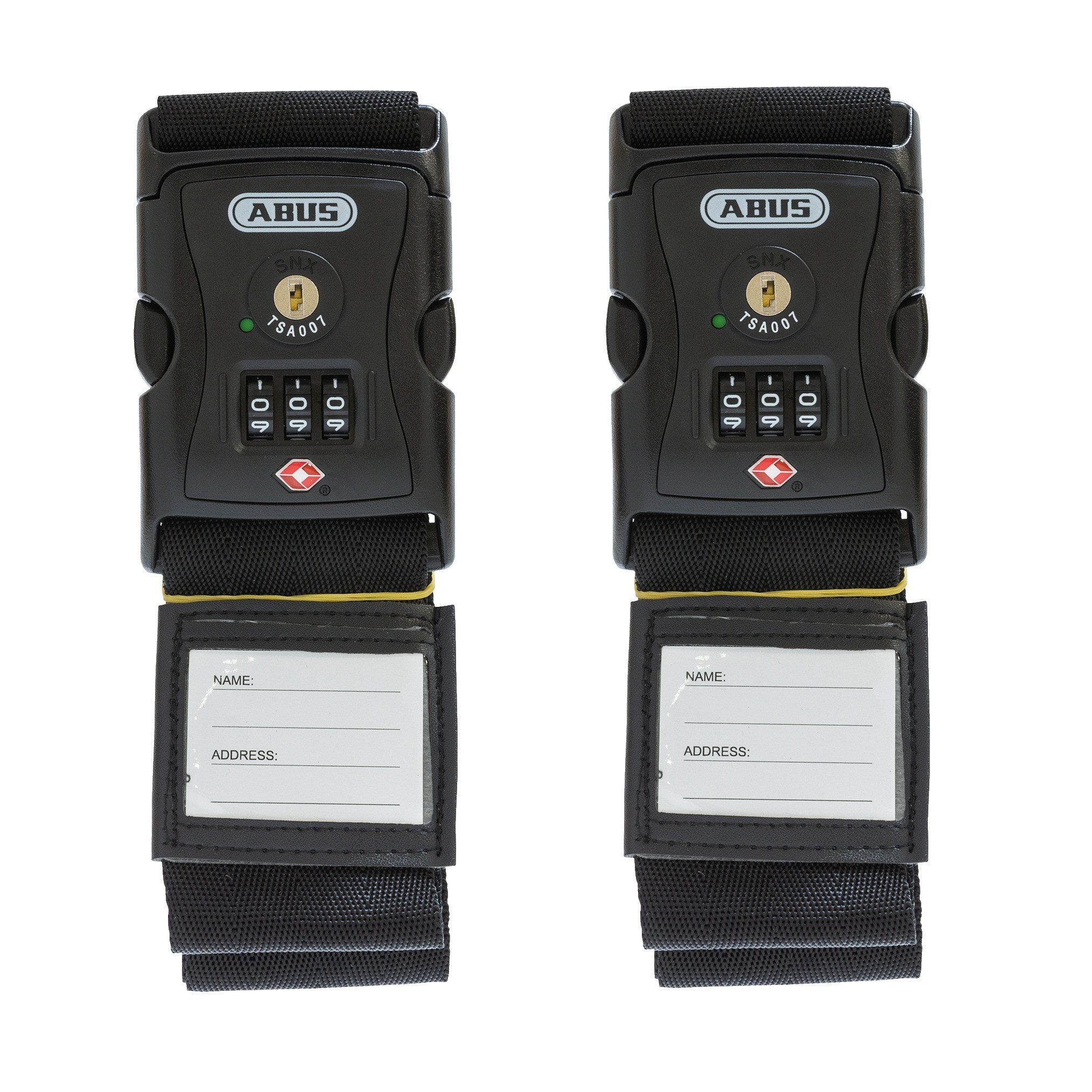 ABUS Koffergurt Kofferband-Schloss 620TSA/192 - USA Reise, Zahlencode, 2 Stk., Schwarz, Individuell einstellbarer dreistelliger Zahlencode, mit Adressetikett