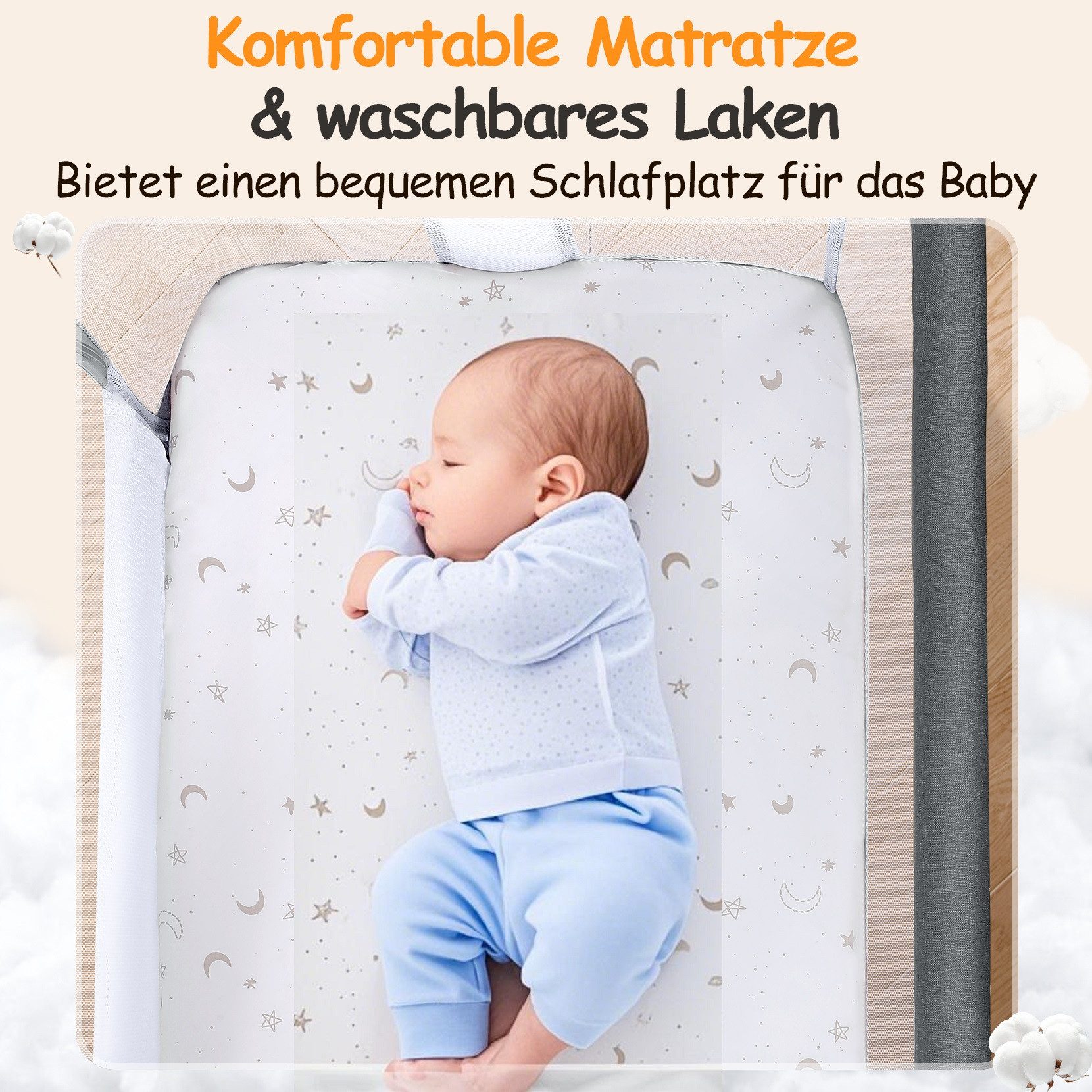 Ezebaby Beistellbett Baby Bettseitiger Bassinet für Neugeborene Tragbarer Bett Zustellbett