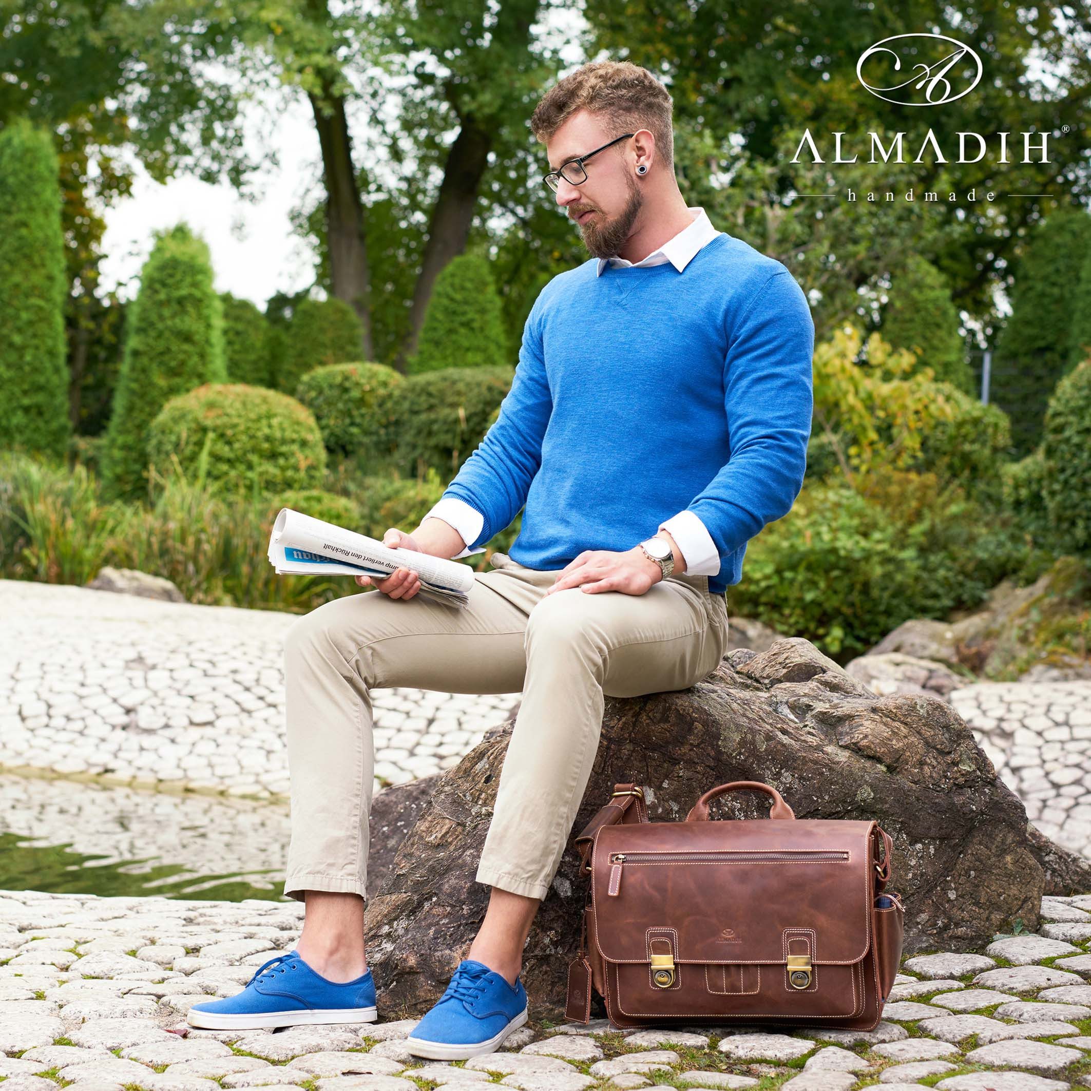 ALMADIH Aktentasche Leder Herren Businesstasche 17 Zoll Lehrertasche Unitasche Braun
