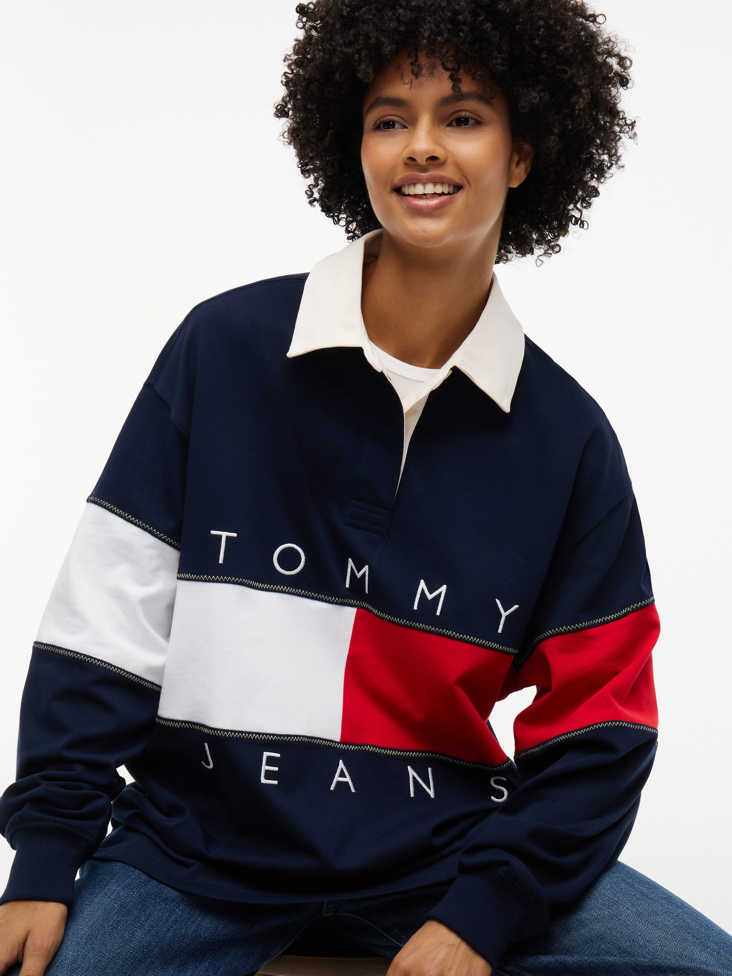 Tommy Jeans Sweatshirt TJW OVS FLAG RUGBY EXT Baumwolle, Logodruck