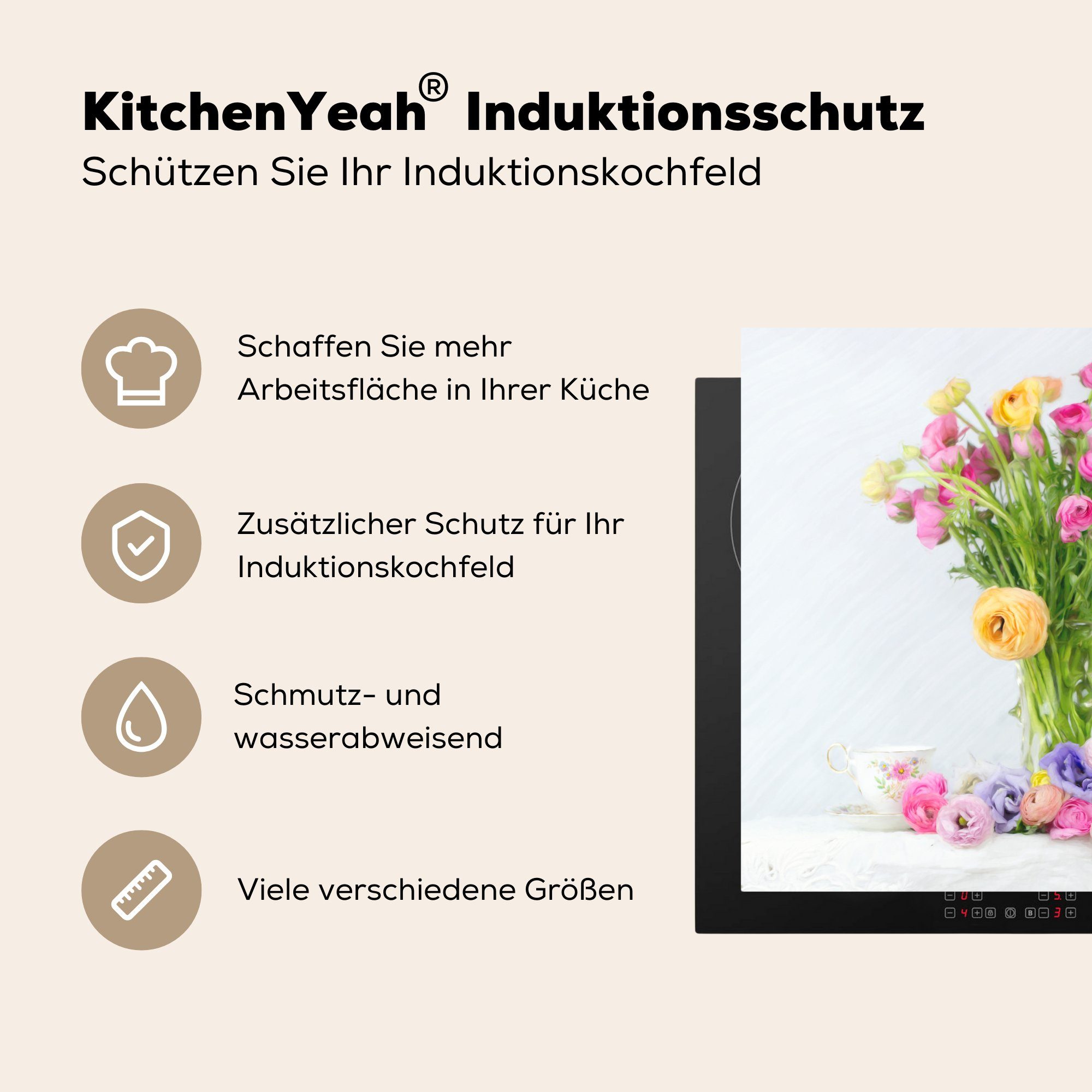 Blumen, für Arbeitsplatte cm, küche Farben MuchoWow (1 Ceranfeldabdeckung, Stillleben Herdblende-/Abdeckplatte - 78x78 - Vinyl, tlg),