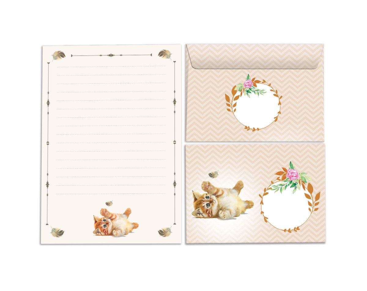 JUNAPACK Briefpapier Set Kinder Briefblock A5 mit Umschlägen Notizblock Papier Katzen Blume, Kinder-Briefpapier A5 mit 15 Umschlägen, liniert & leicht beschreibbar
