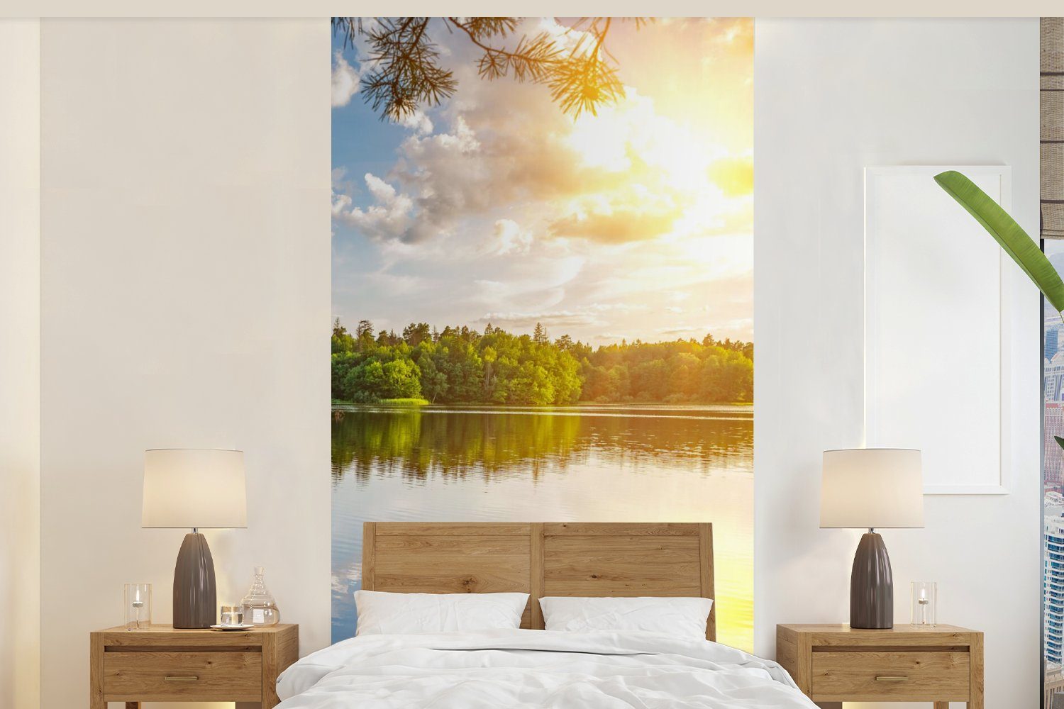 MuchoWow Fototapete Bäume - Wasser - Sonne, Matt, bedruckt, (2 St), Vliestapete für Wohnzimmer Schlafzimmer Küche, Fototapete