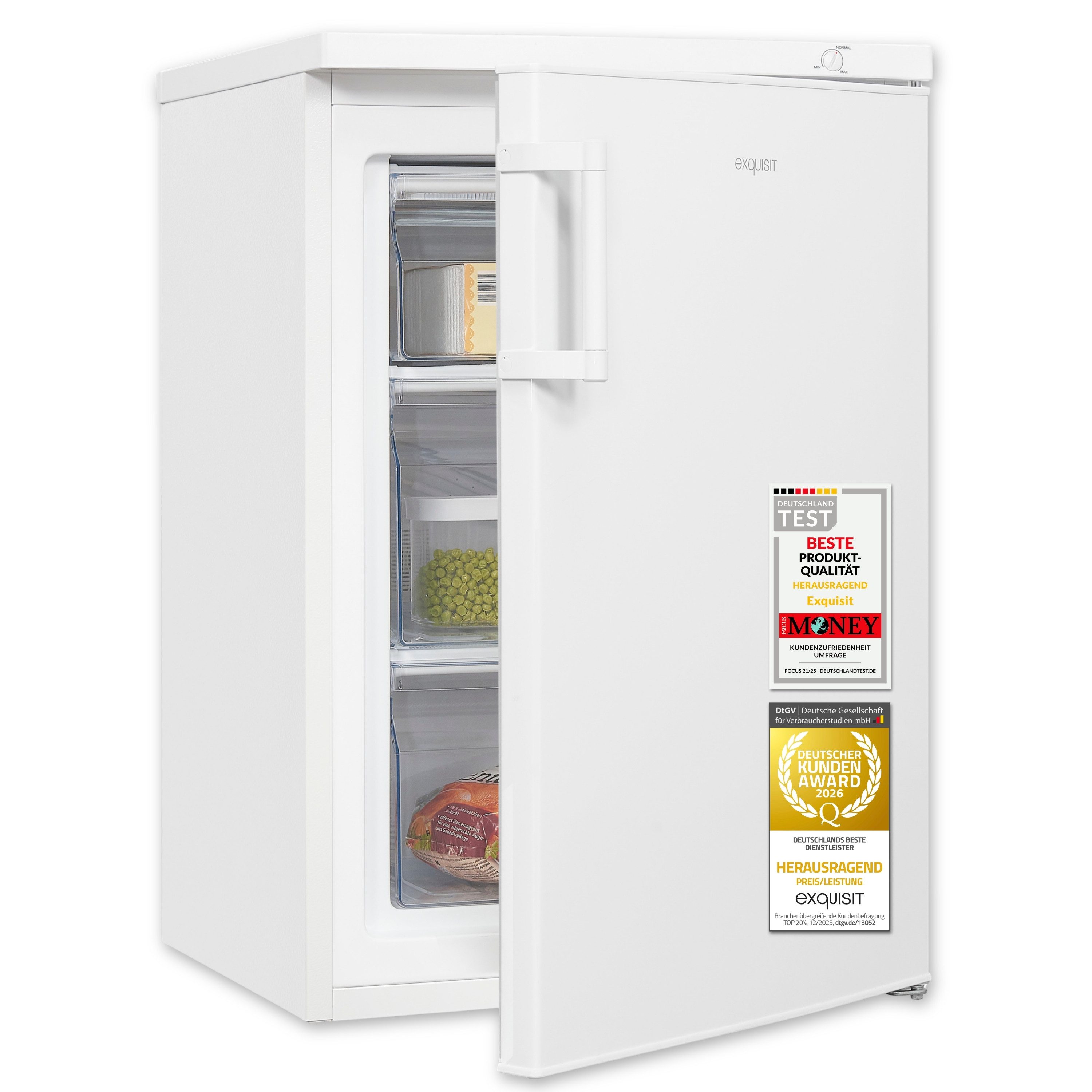 exquisit Gefrierschrank GS581-H-010E, 56 cm hoch, 84,5 cm breit,4-Sterne-Gefrieren, Höhenverstellbare Füße, Türanschlag wechselbar