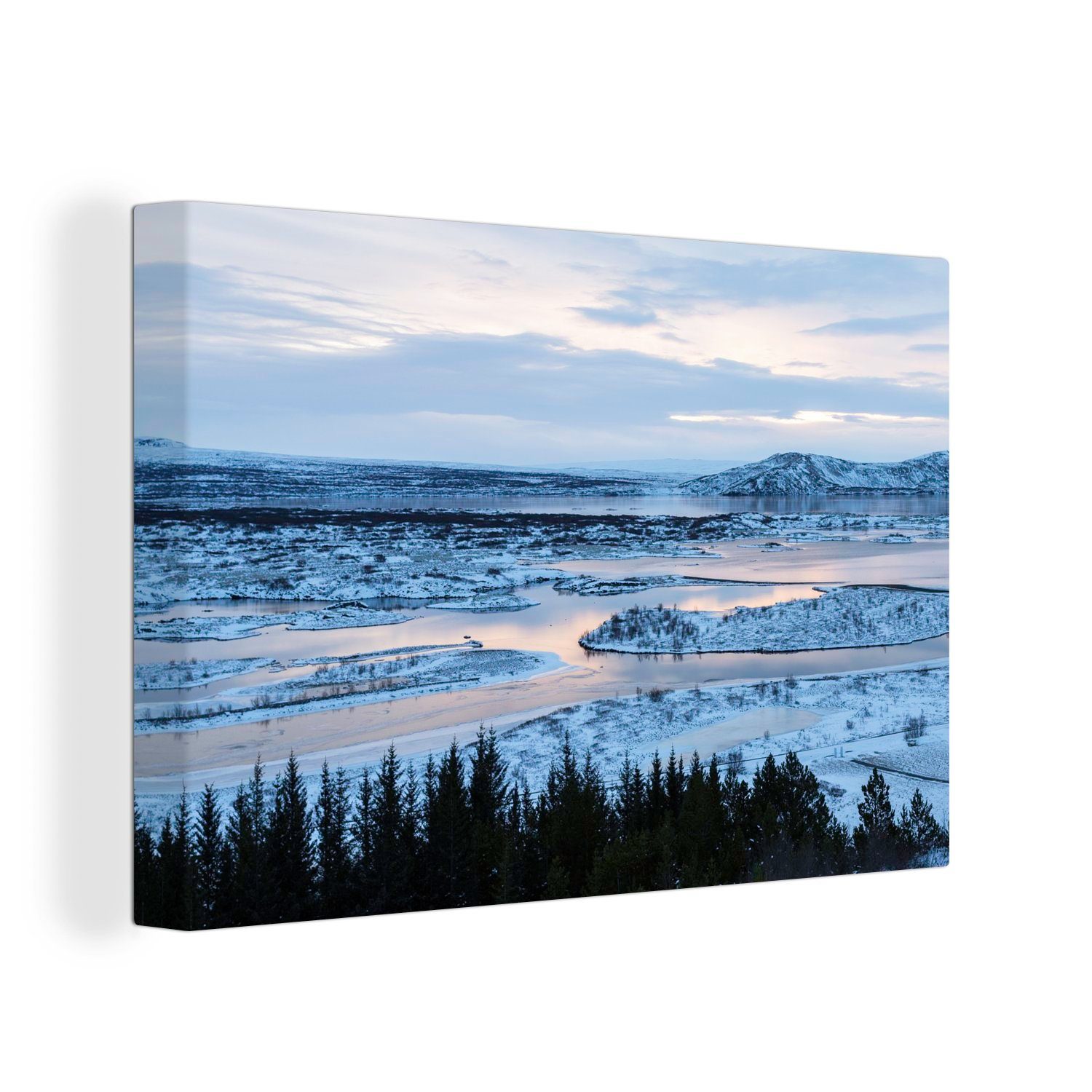 OneMillionCanvasses® Leinwandbild Eine verschneite Landschaft im Þingvellir-Nationalpark in Island, (1 St), Wandbild Leinwandbilder, Aufhängefertig, Wanddeko, 30x20 cm