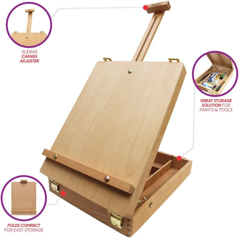 Mont Marte Kofferstaffelei Tischstaffelei aus Buchenholz 36 x 27 x 9,5 cm -für Leinwände bis 52cm, Tischstaffelei mit Stauraum für Pinsel, Farben & Zeichenutensilien
