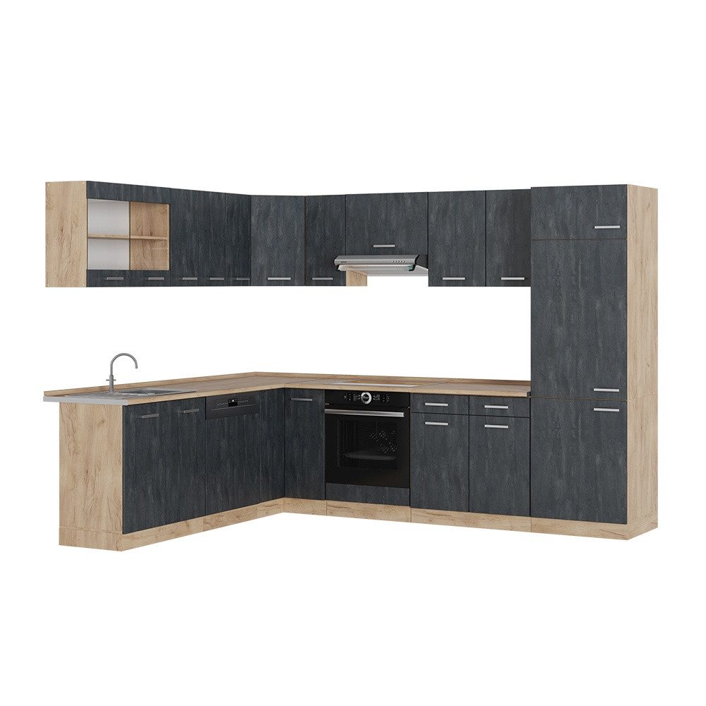 Vicco Winkelküche R-Line, Schwarz Beton/Goldkraft Eiche, 287 x 227 cm ohne Arbeitsplatte